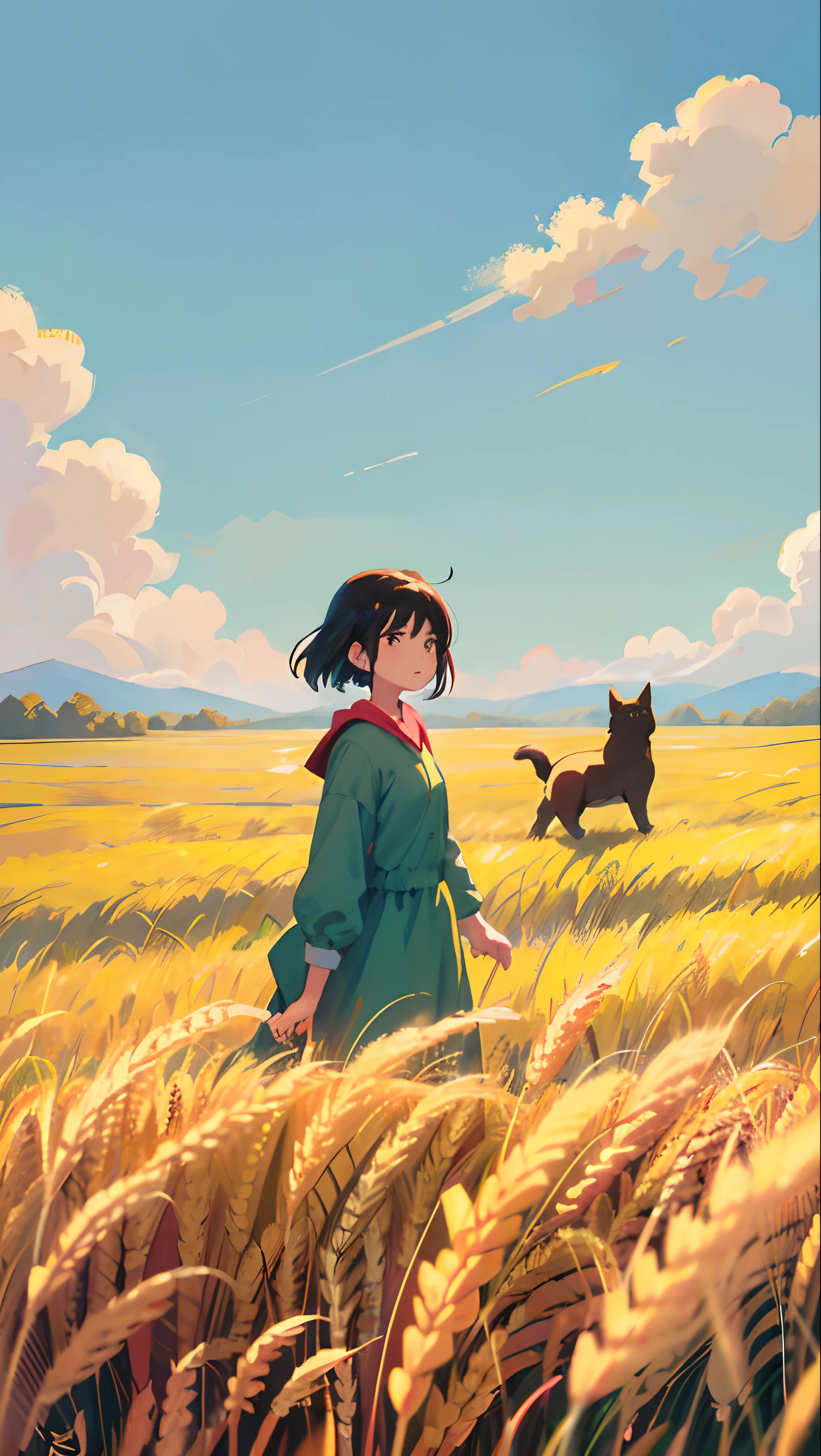 Cartoon girl with cat and dog in field, in a wheat field, by Yang J, A beautiful artwork illustration, girl walking in wheat field, by Atey Ghailan, in style of atey ghailan, Inspired by Atey ghailan, arte de fundo, atey ghailan 8 k, 2d matte illustration, on the vast wheat fields
