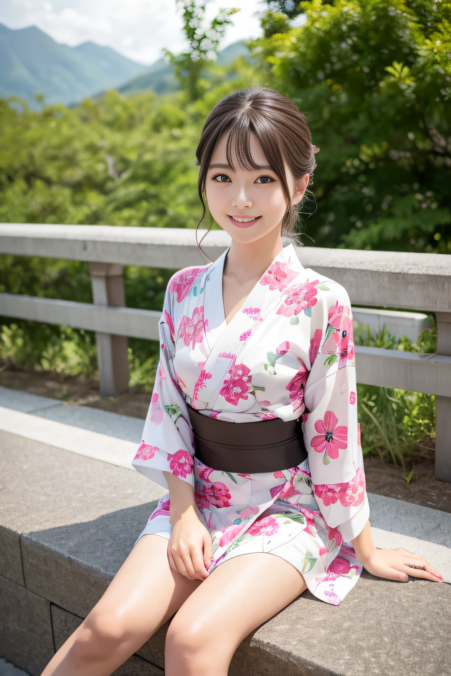 (Highest image quality, Highest image quality, Super A High Definition), (Raw photo, Realism 1.4), (flat chest), Fine skin, Fine face, Cute, AKB Girl, Girl in her 20s, Small breasts, Perfect Skin, thighs thighs thighs thighs, Medium Hair, Perfect, Brown hair, Brown eyes, Full body, Sitting on the steps of the pedestrian bridge,knees up、 Glossy, ((Yukata)), Bright sunshine, Smile