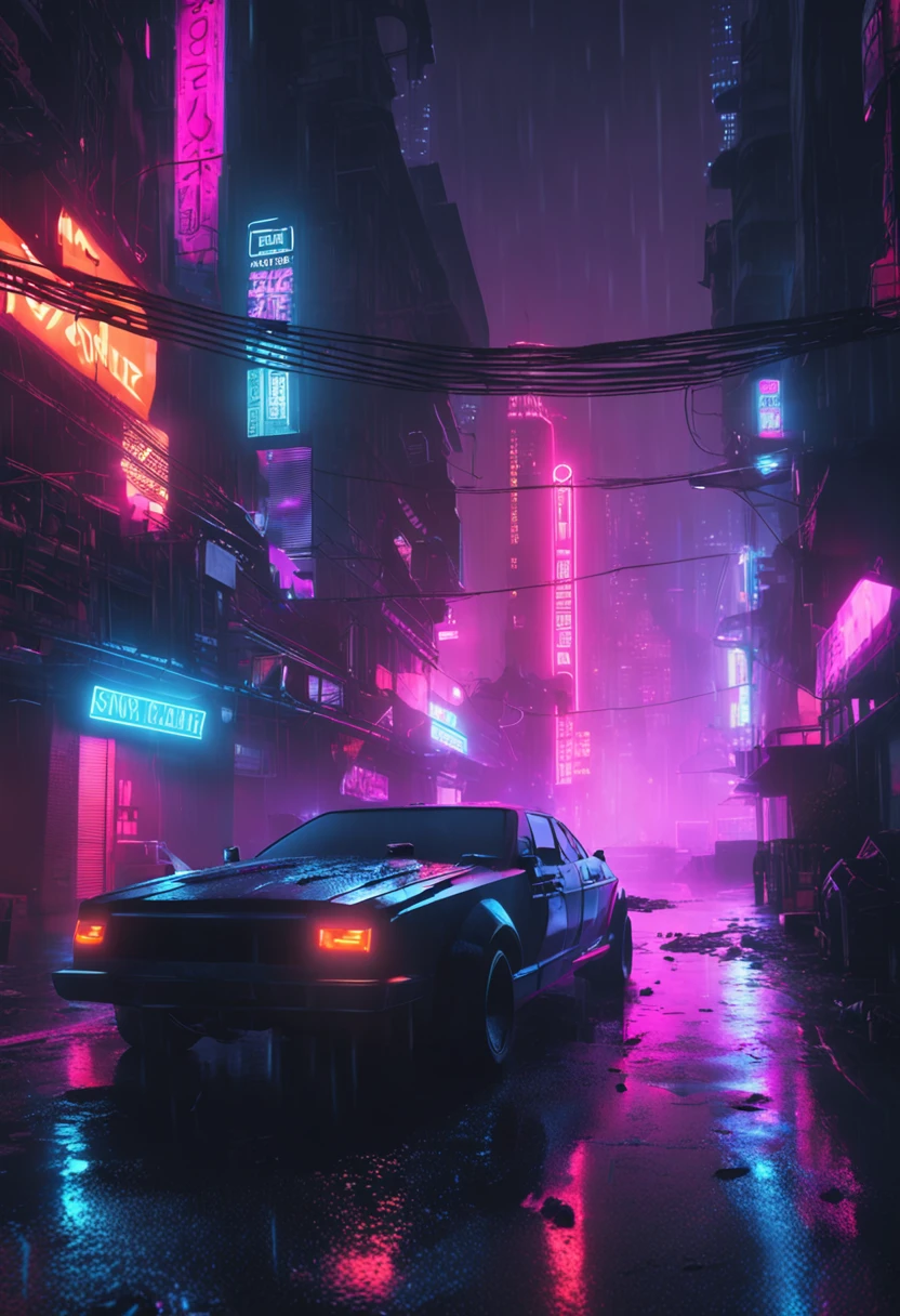 "Neon-lit cyberpunk streets, futuristic cityscape, dystopian artwork in the dark, 4k wallpaper. Rainy and foggy atmosphere, evoking a moody and desolate future."