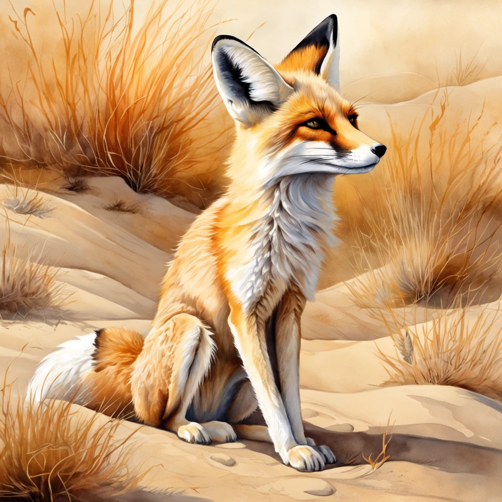 Amidst the arid dunes of a vast desert, a fennec fox with striking, fluffy ears and a mischievous grin scampers across the sand. The sun sets in the distance, casting a warm, golden glow over the landscape. The fox pauses, tilting its head to observe its surroundings with an air of curiosity. Its tail twitches playfully as it sniffs the air, taking in the scents of the desert blooms that dot the landscape. The scene is bathed in a soft, dreamy light, with the fox at its center, radiating a sense of tranquility and wonder. The background gradually shimmers and blurs, as if seen through a heat haze, adding to the ethereal quality of the moment. The fox's fur is rendered in exquisite detail, with each individual hair delicately painted to capture its softness and texture. The overall effect is one of serenity and magic, inviting the viewer to step into the enchanting world of the fennec fox.