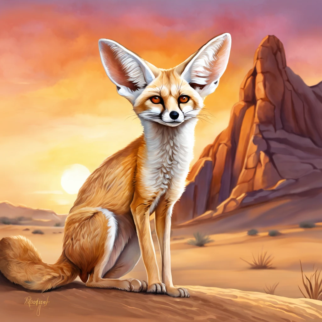 A resplendent fennec fox standing tall in the middle of a breathtaking desert scene, with a stunning sunset in the background and rolling sand dunes all around.