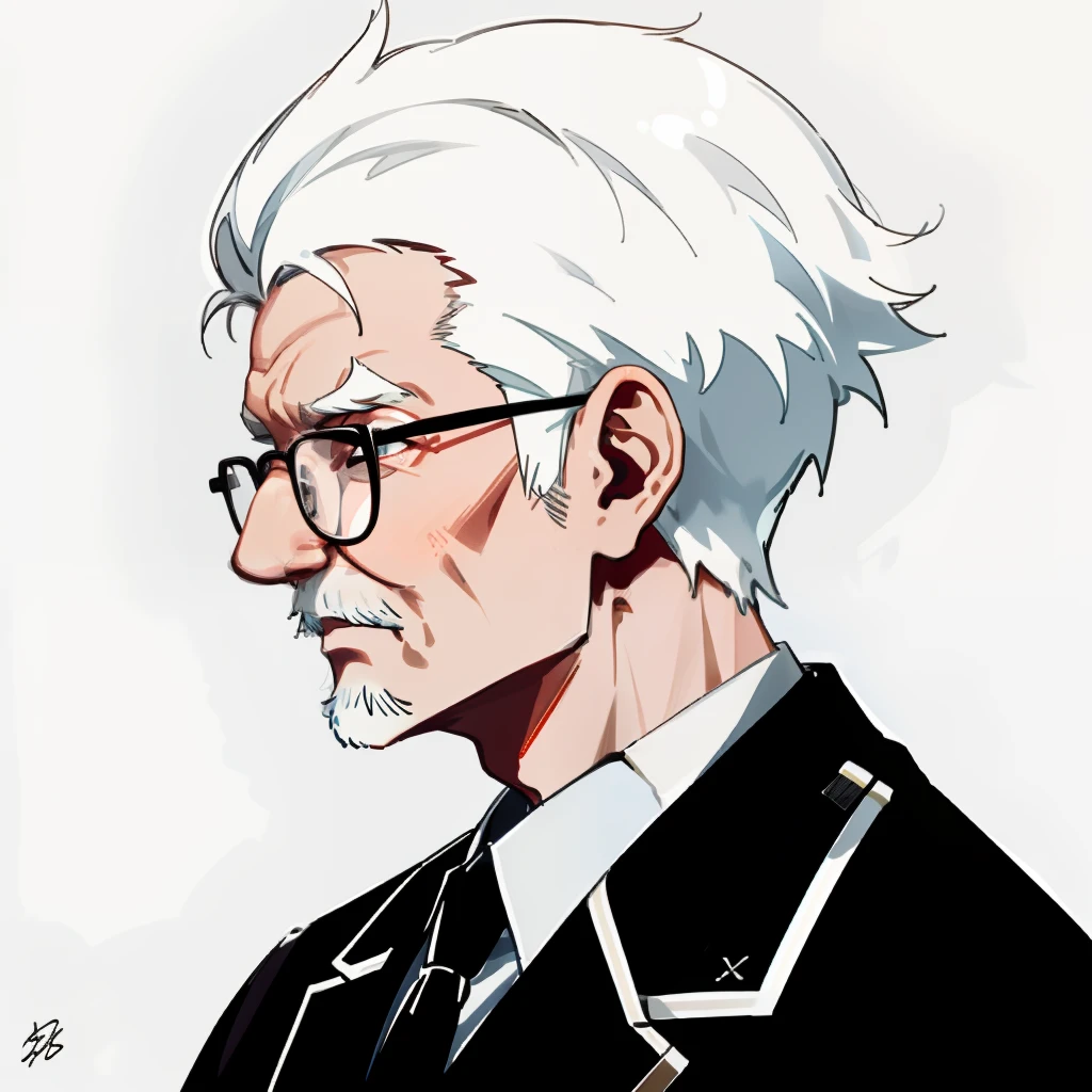 1 man, 80years old,(White hair), old man with glasses, close up of face, profile image, Black jacket,White shirt, Professional look,Very short hairstyle, Tired look,