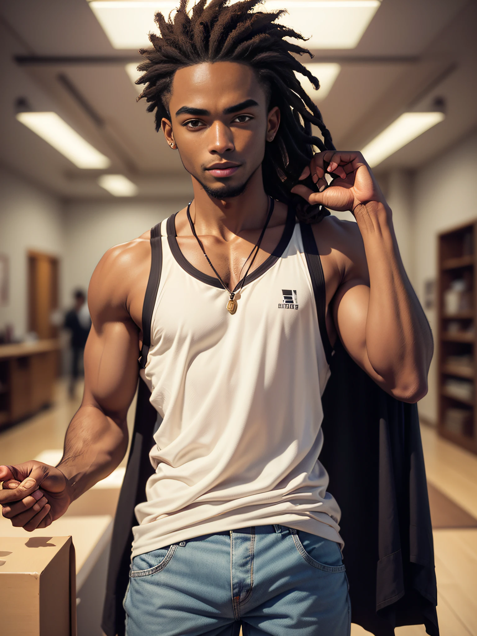 (superfine illustration, Best Quality, Ultra-detailed, :1.5), (African male, black skin, tall:1.3), (male focus, solos, Perfect fingers, Perfect hands, male body:1.5), Capoeira athletes, 25 years old, fearless smile, (long bottoms, oversized casual wear:1.3), dreadlock, male hair, messy hair, no sidelock, ponytail, hair pulled back, male face, male eyebrows, sharp eyes, sharp nose, forehead, dynamic angle,