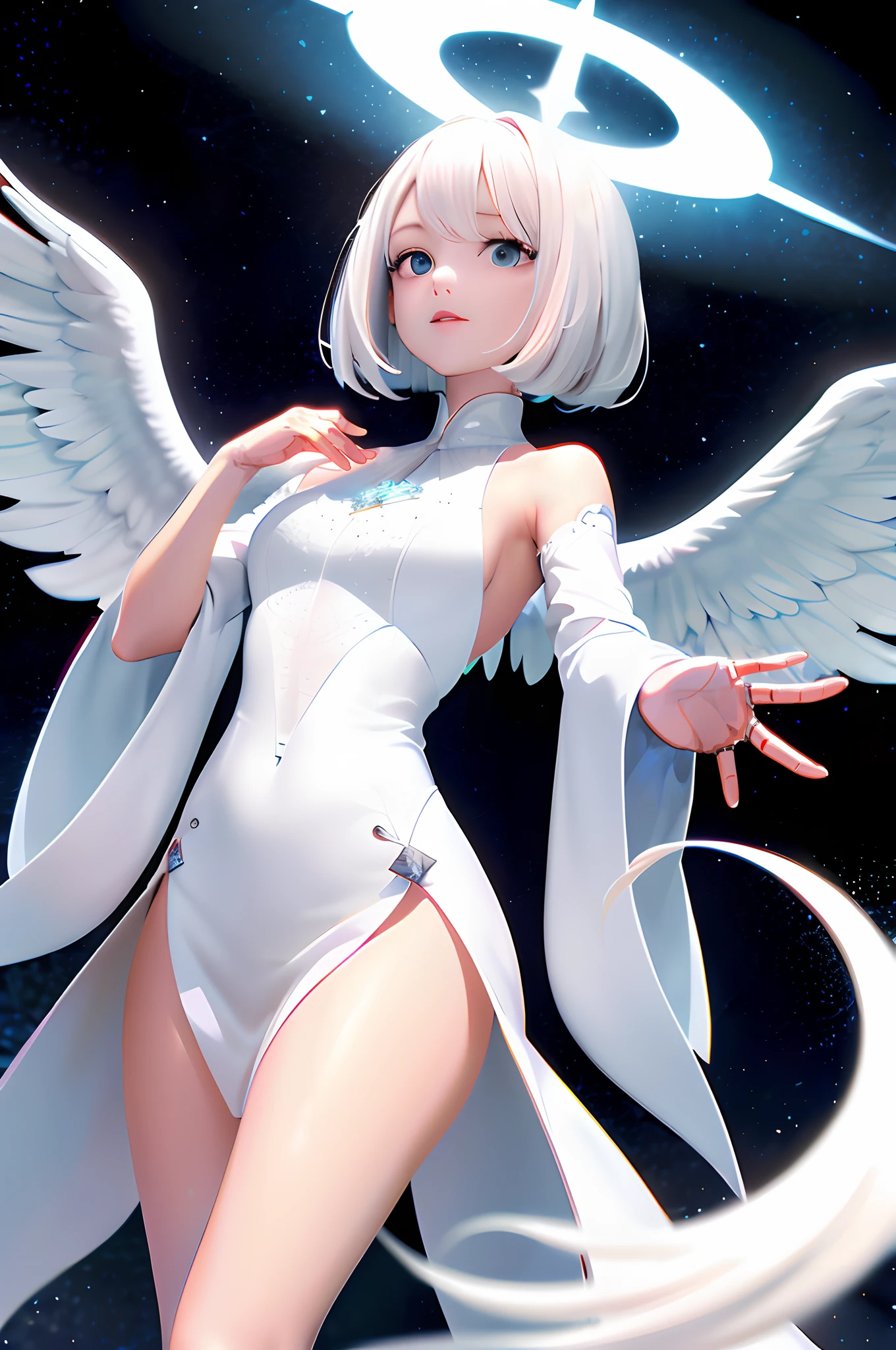 One person, Open your mouth, Shortcuts, Angel,whole body,accurate, Silver Hair, chest, Stars in the Sky, through,Character portrait, Feet in the frame,