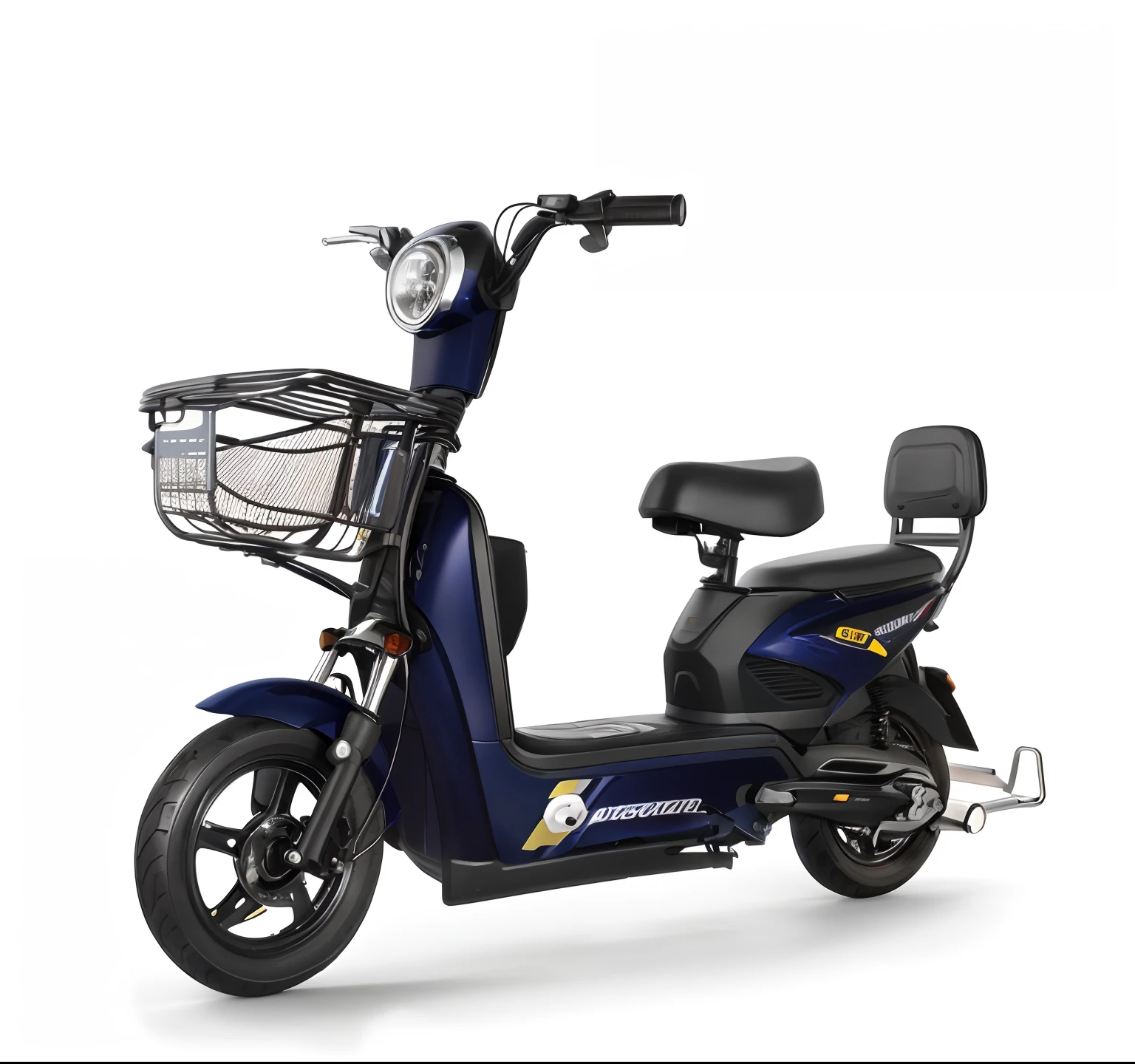 Close-up of a blue scooter with a basket on the back，Moped，2D side view，Chuan Ai，product introduction photos，Beautiful image，Dark blue，SleekDesign，promotional render，ultra view angle view，transportation design render，custom scooter，forward facing angle，extreme view angle，side perspective，Electric Martina，vanara。