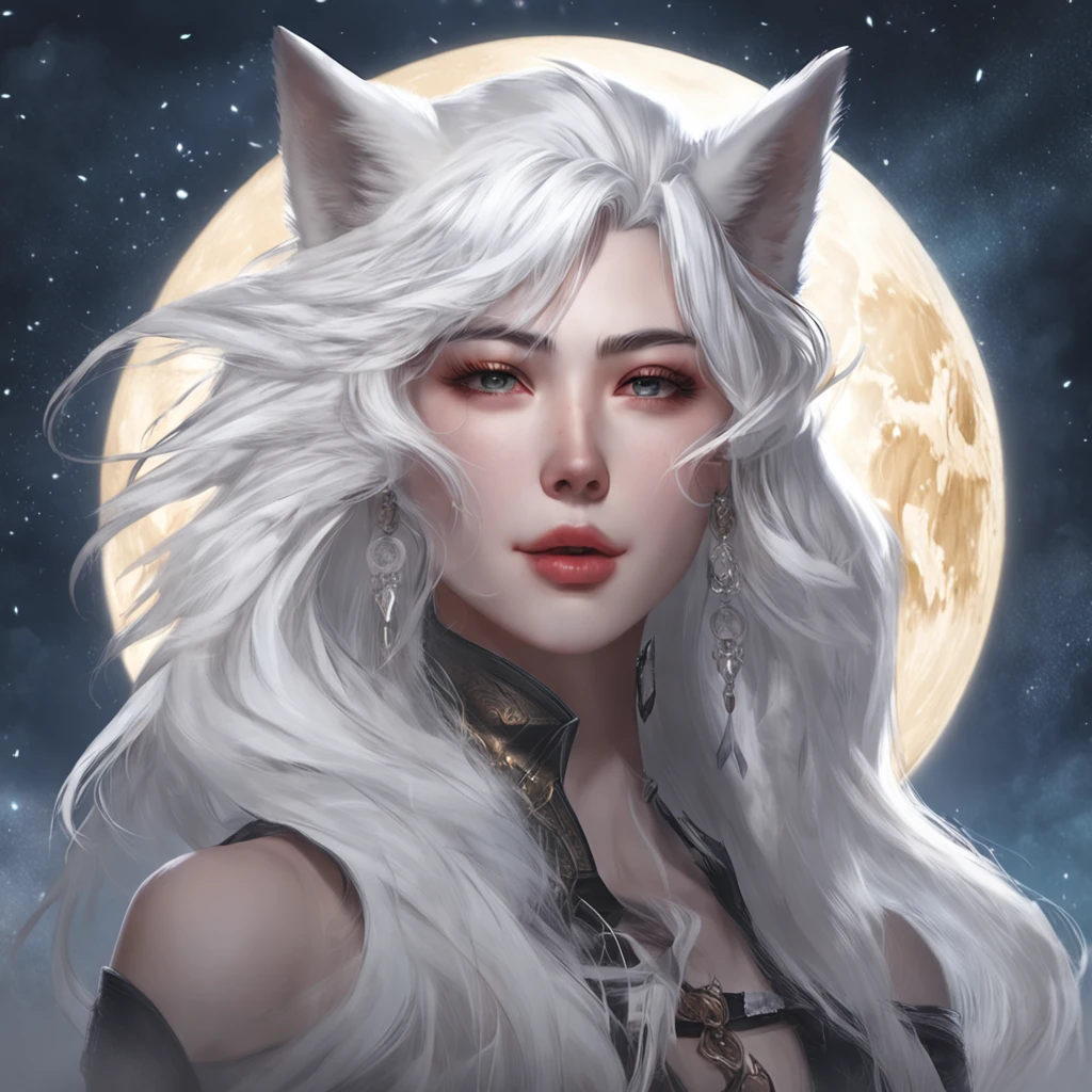 Anime character with white hair and white wolf before the full moon, by Yang J, fantasy fox love, White-haired fox, white fox anime, Anime fantasy illustration, White fox, art of silverfox,Best quality, Masterpiece, 超高分辨率, (photograph realistic:1.4), ultra-realistic realism, Dream-like,fusionart, Shadowdancer, shadow magic, darkness control, stealth, shadowstep, umbral spells,