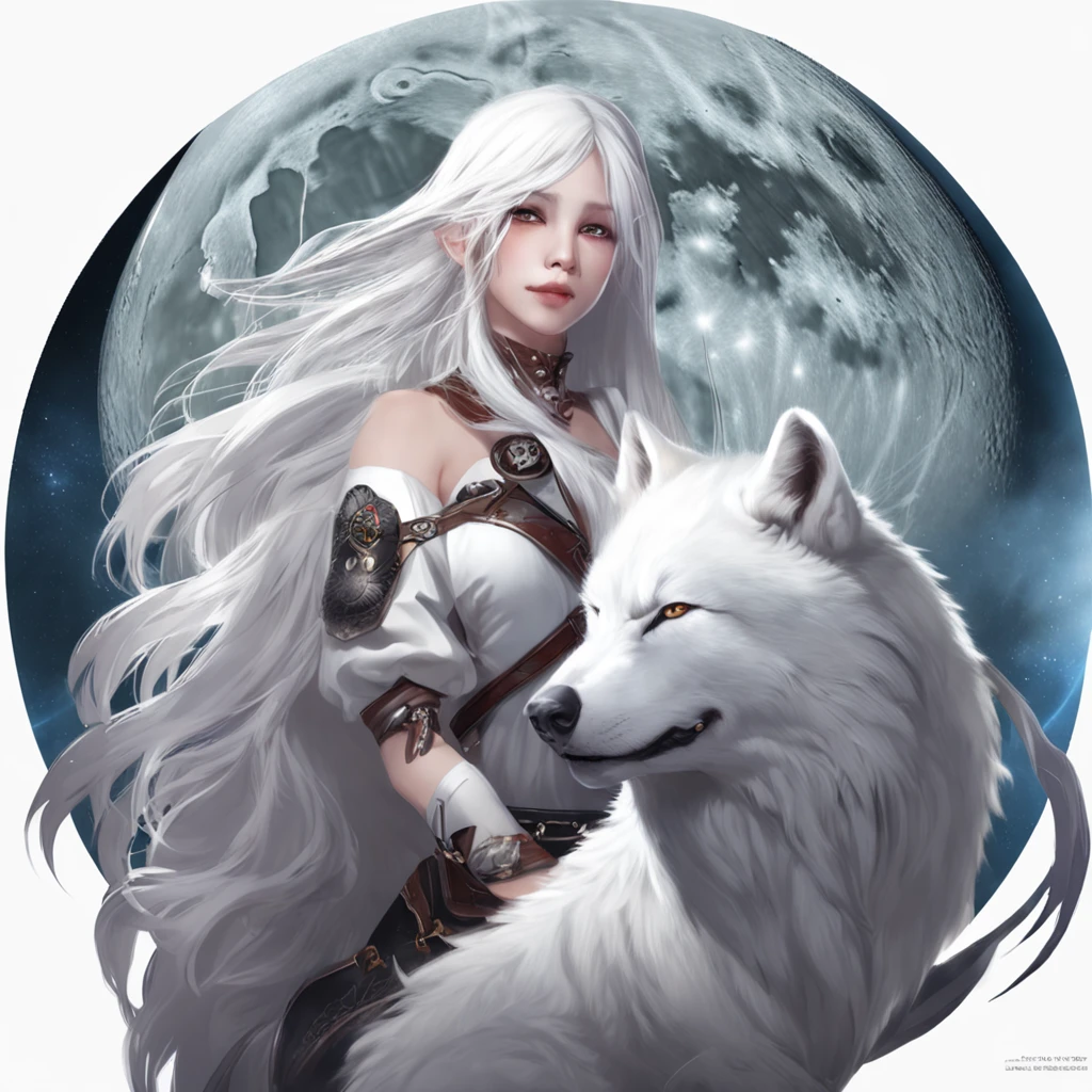 Anime character with white hair and white wolf before the full moon, by Yang J, fantasy fox love, White-haired fox, white fox anime, Anime fantasy illustration, White fox, art of silverfox,Best quality, Masterpiece, 超高分辨率, (photograph realistic:1.4), ultra-realistic realism, Dream-like,fusionart, Shadowdancer, shadow magic, darkness control, stealth, shadowstep, umbral spells,
