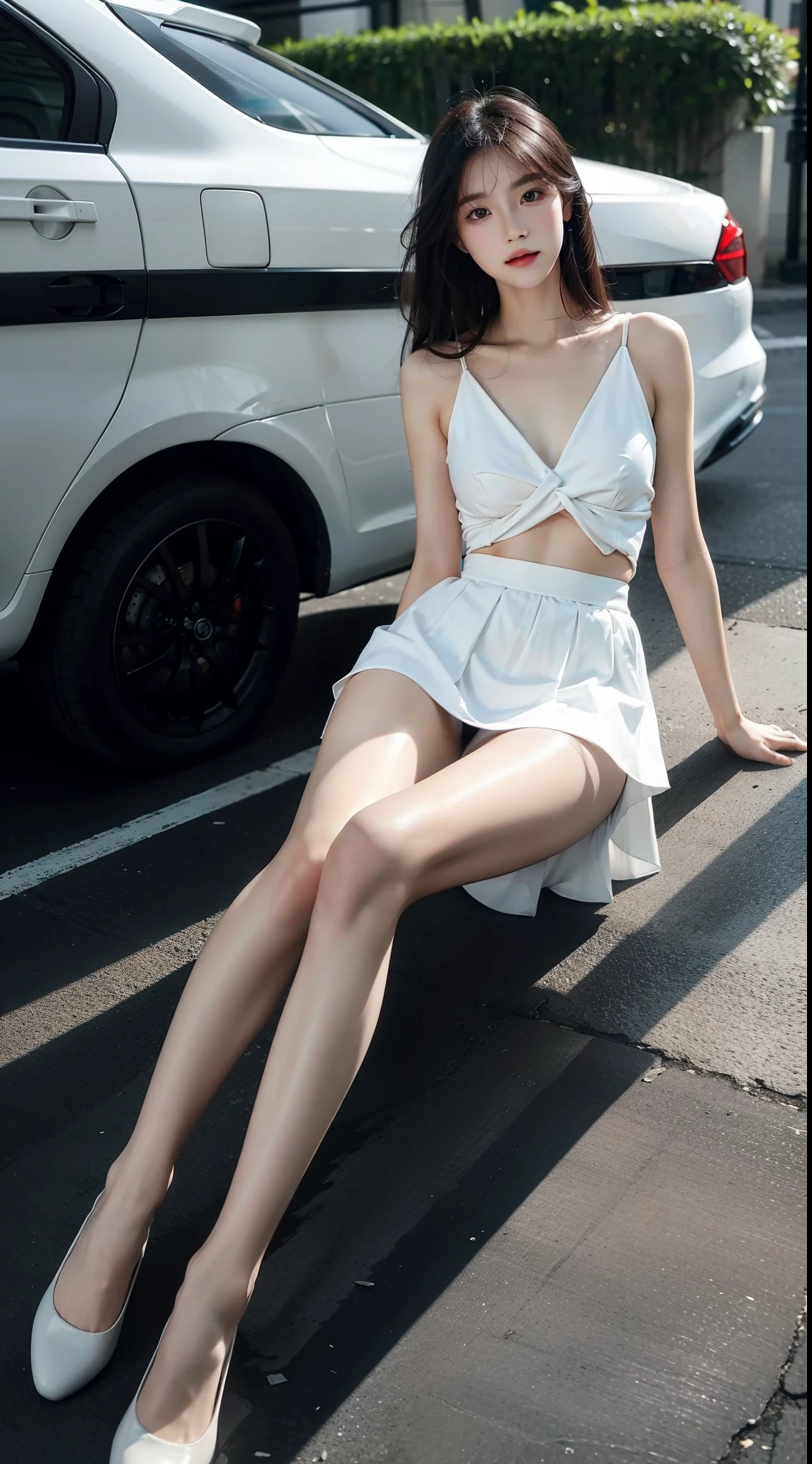 top Quority,Ultra-clear resolution,Clear eyes,plain face,s the perfect face,White skin,Perfect chest,with perfect legs,Long legs,Short black style skirt,Random environment