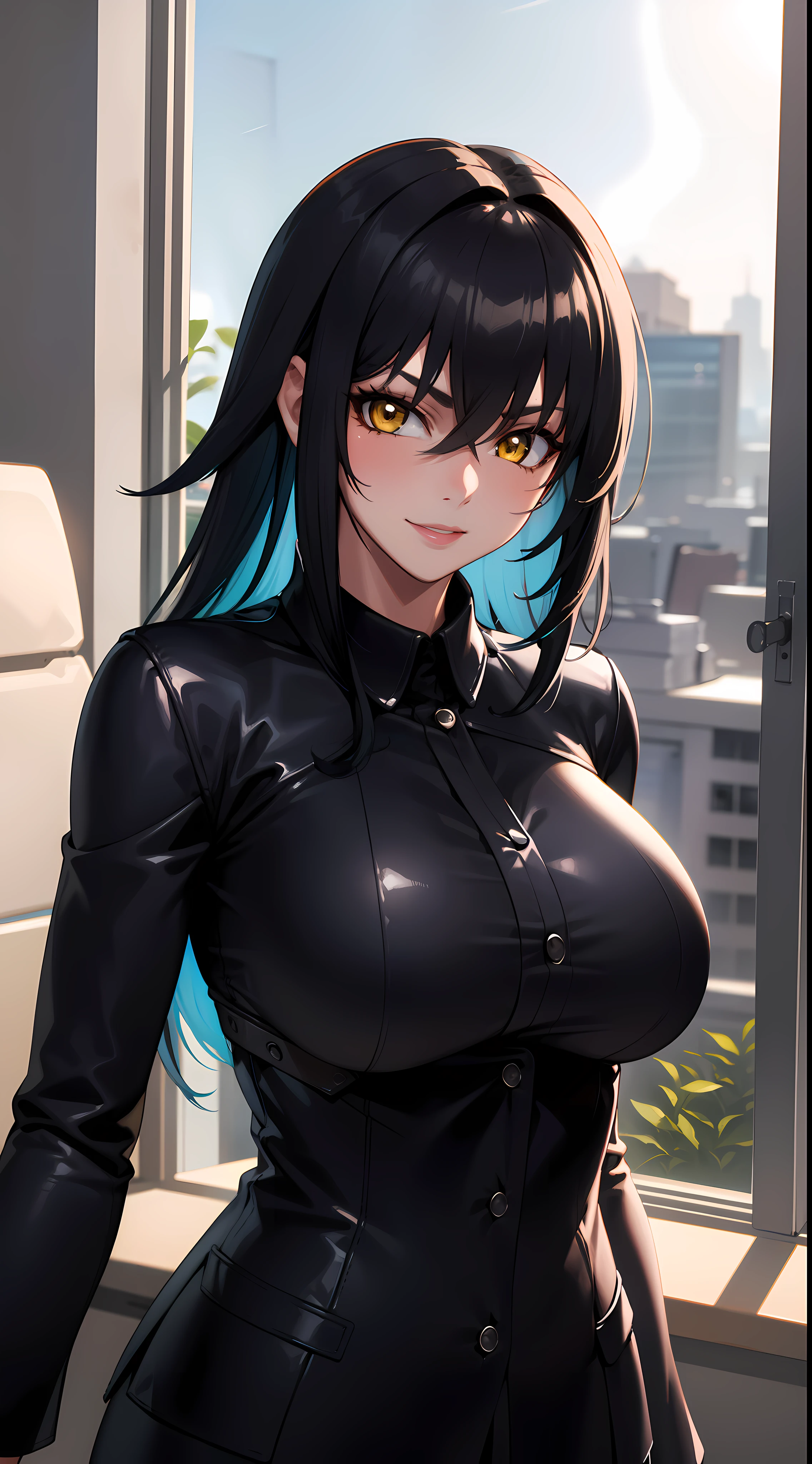 professional artwork, Intricate Details, field of view, sharp focus, detailed painting, photorealistic lighting, trending on pixiv,(masterpiece:1.0),(best_quality:1.0), ultra high res, ultra-detailed, photography, 8K, HDR, highres, absurdres:1.2, Kodak portra 400, film grain, sharp focus, bokeh:1.2, lens flare, (vibrant_color:1.2), (((indoors, office details))), Annerose, 1girl, female mature, black hair, long hair, (yellow eyes), large breasts, office suit, higheels, soft skin, hair intakes, (solo:1.4), (upper body, half body shot), seductive, seductive smile, sweet