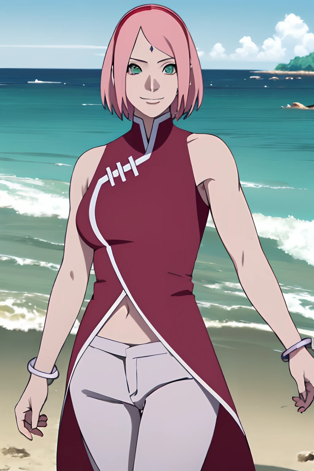 masterpiece, 1k, portrait, face shot, professional artwork, detailed beach background, intricate details, colorful, digital blending, (ultra detailed body, ultra detail hair, ultra detail face), trending on pixiv, kind smile, very hot color, best quality, anime style: 1.9, 1girl, hires, haruno sakura, (forehead mark, milf, red hairband, pale skin, short hair, ((red sleeveless dress), white pants), navel, groin, bracelet, pink hair, (ultra detailed green eyes), smile, beach, wind, floating hair, detailed arms, off-shoulders, slightly muscular arms, (dirty armpits), standing)