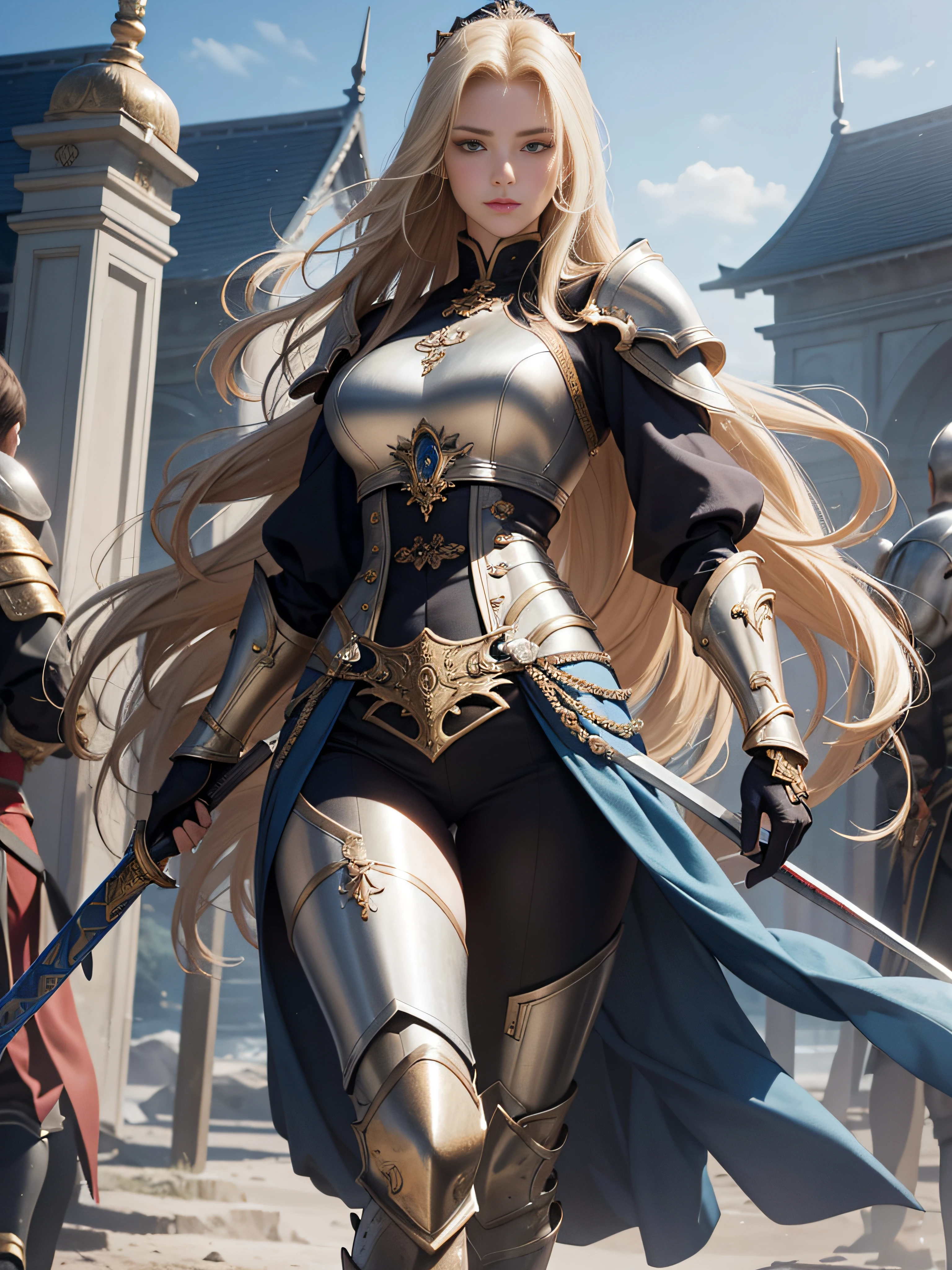 tmasterpiece，A high resolution,Absolutely beautiful，a mature female，European warriors，Fine and detailed eyes and detailed face，Tall and tall，The blonde，She wears armor，Full coverage armor，Armor pants，Armor boots，Show armor iron boots、The armor is rich in color、Exquisite details of the armor、decor，Shogun， allure：（Tall：1.4），haughty，Mature temperament，（Wide buttock：1.4），（Thick thighs：1.4），Majesty，Rich scene detail，In the midst of the war，are standing，action