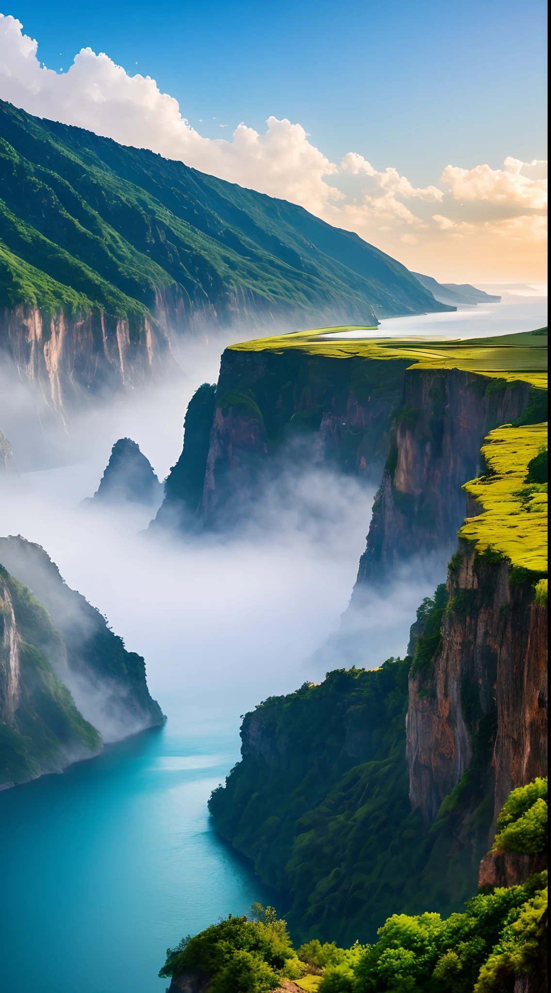 Masterpiece, ultimate quality, Cg unity 8k wallpaper, super delicate, beautiful sky and clouds, rich natural scenery, cliffs, lakes and rivers, waterfalls and flying water, beautiful green mountains, no trace of people, excellent scenery, has already won a photo contest, background Blurring, full depth of field, HDR high dynamics, true restoration, intricate, extreme details, dramatic presentation, perfectly presenting the style of midjourney art.