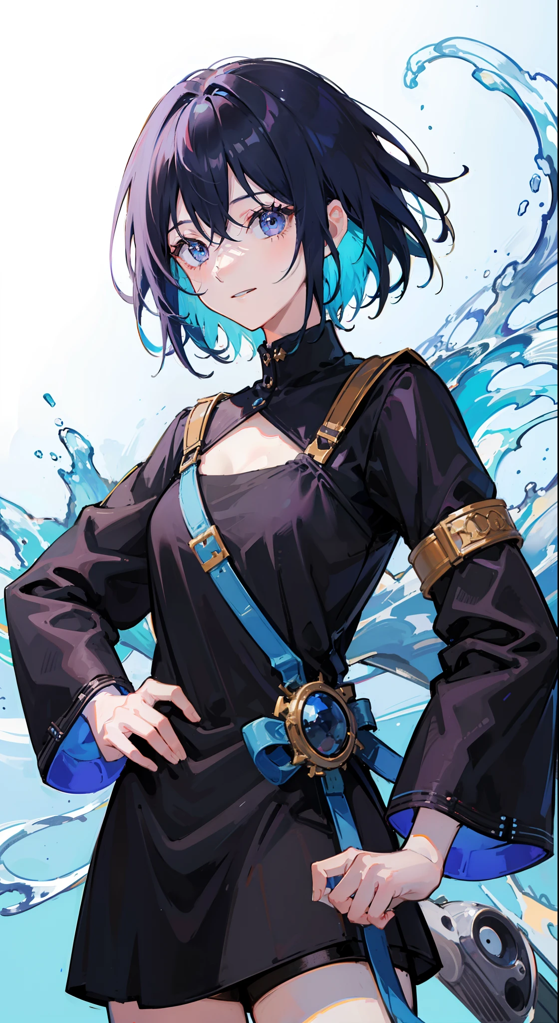 hightquality、masutepiece、Standing picture、1girl with、full body Esbian、Blue-haired、short-hair、Colored Sunglasses、happy facial expression、Simple black outfit、facing front、simple background、White background、Daylighting from the front、Everything from head to toe、