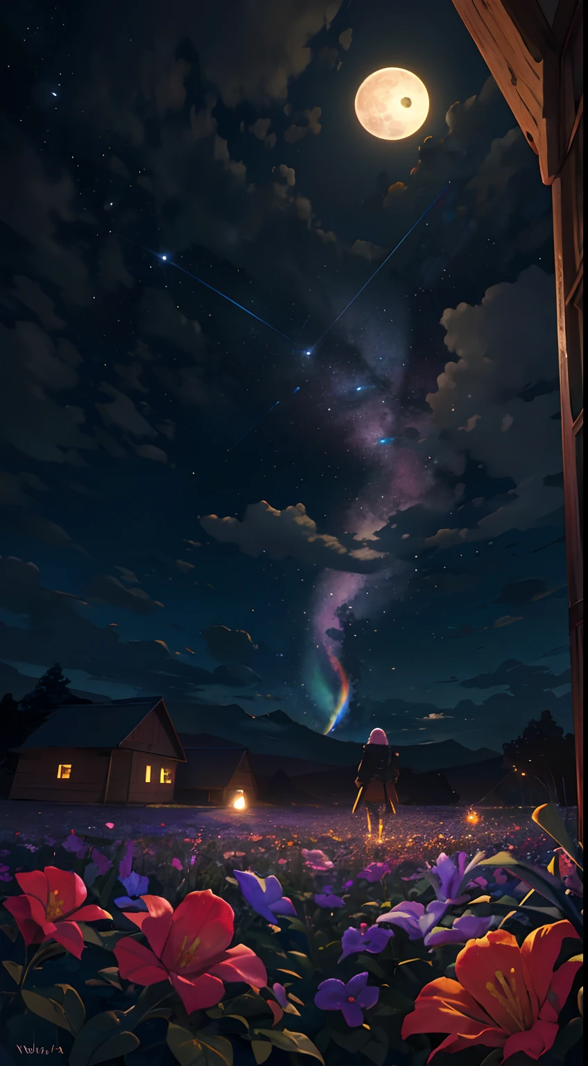 Vast landscape photo, (viewed from below, the sky is above and the open field is below), a girl standing on a flower field looking up, (full moon: 1.2), (meteor: 0.9), (nebula: 1.3), distant mountains , Trees BREAK Crafting Art, (Warm Light: 1.2), (Fireflies: 1.2), Lights, Lots of Purple and Orange, Intricate Details, Volumetric Lighting, Realism BREAK (Masterpiece: 1.2), (Best Quality), 4k, Ultra-Detailed, (Dynamic Composition: 1.4), Very Detailed, Colorful Details, (Rainbow Colors: 1.2), (Glow Lighting, Atmospheric Lighting), Dreamy, Magical, (Solo: 1.2)