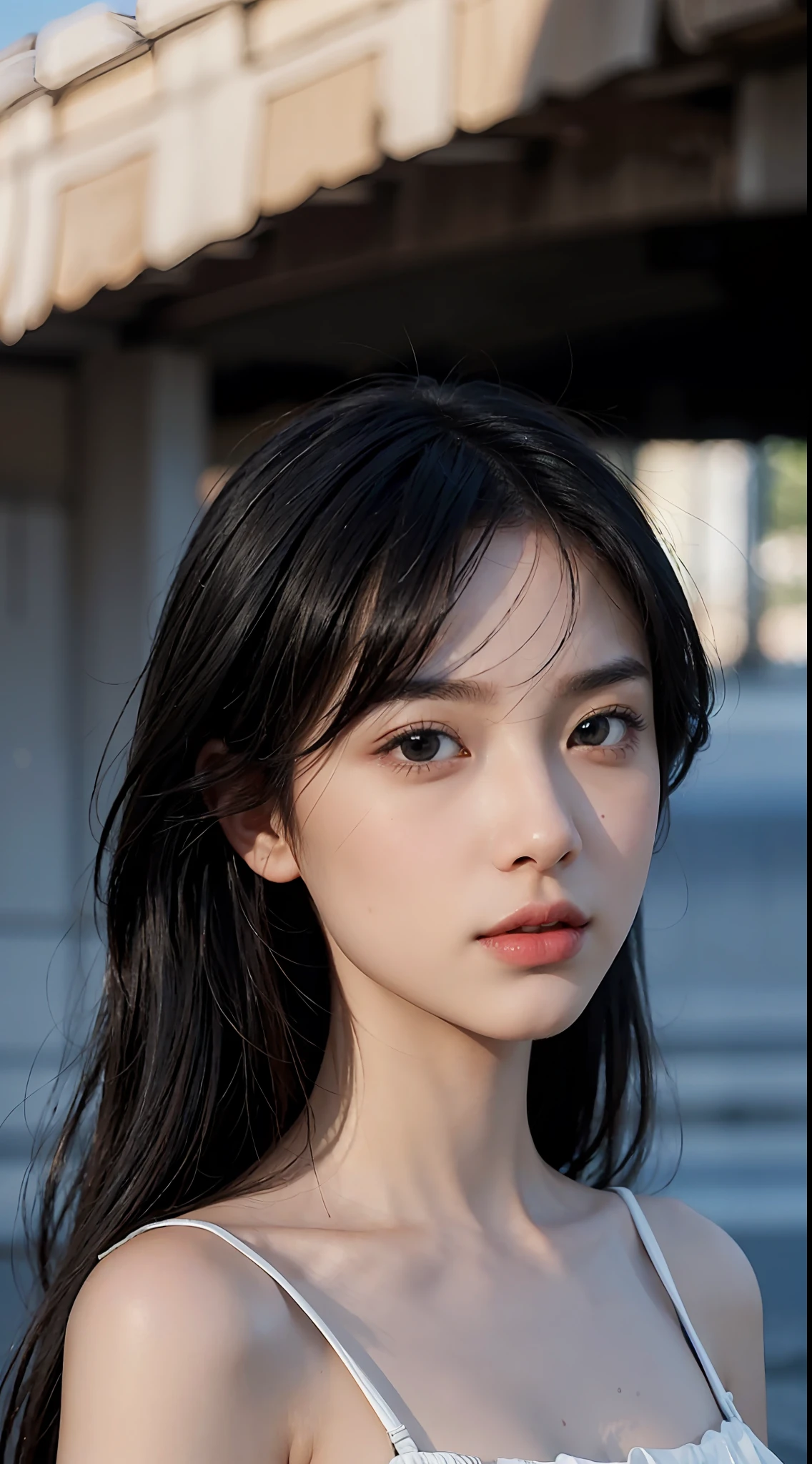 (masterpiece), realistic, (portrait of a girl), beautiful face, sunlight, cinematic light, bangs, a beautiful woman, beautiful eyes, black hair, perfect ???????, very cute, princess eyes , (black eyes) , (frame the head), Centered image, stylized, bioluminescence, 8 life size,8k Resolution, white low-cut dress with small blue details, human hands, wonder full, elegant, approaching perfection, dynamic, highly detailed, character sheet, concept art, smooth, facing directly at the viewer positioned so that their body is symmetrical and balanced, stunningly beautiful teenage girl, detailed hairstyle,