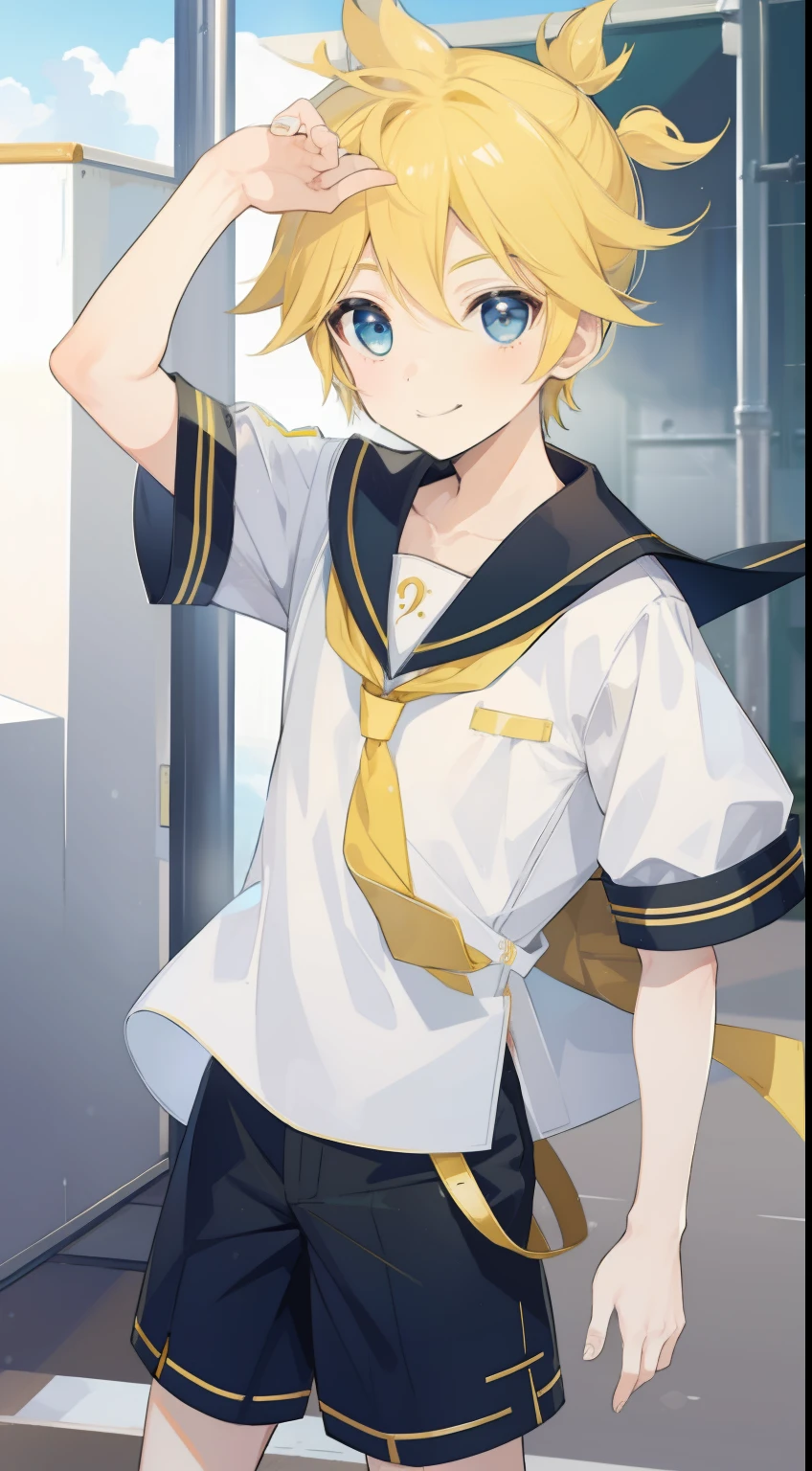 one boy, Len_Kagamine, sailor uniform, short pants, smile, cool, outdoor, character focus, cowboy shot