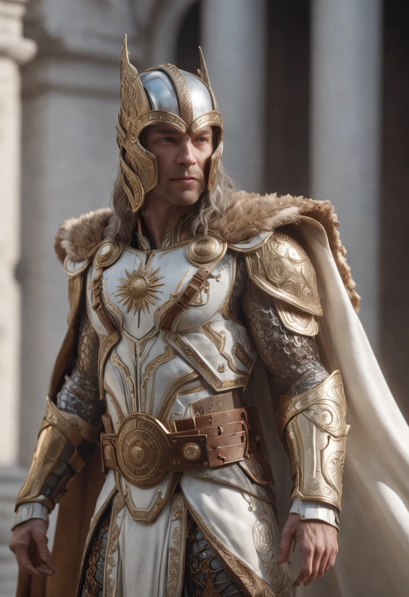 full body shot of thor in white and gold armour style suit, no mask on, white cape, looking at center camera, perfect composition, beautiful detailed intricate insanely detailed octane render trending on artstation, 8 k artistic photography, photorealistic concept art, soft natural volumetric cinematic perfect light, chiaroscuro, award - winning photograph, masterpiece, oil on canvas, raphael, caravaggio, greg rutkowski, beeple, beksinski, giger, trending on artstation, sharp focus, studio photo, intricate details, highly detailed, night city background, by greg rutkowski