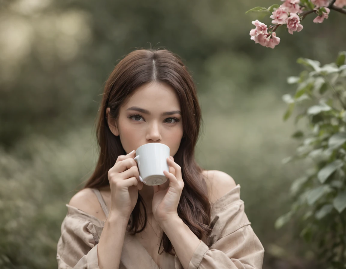 Zen Landscape And Girl Drink Coffee 8k Color UHD highly detail