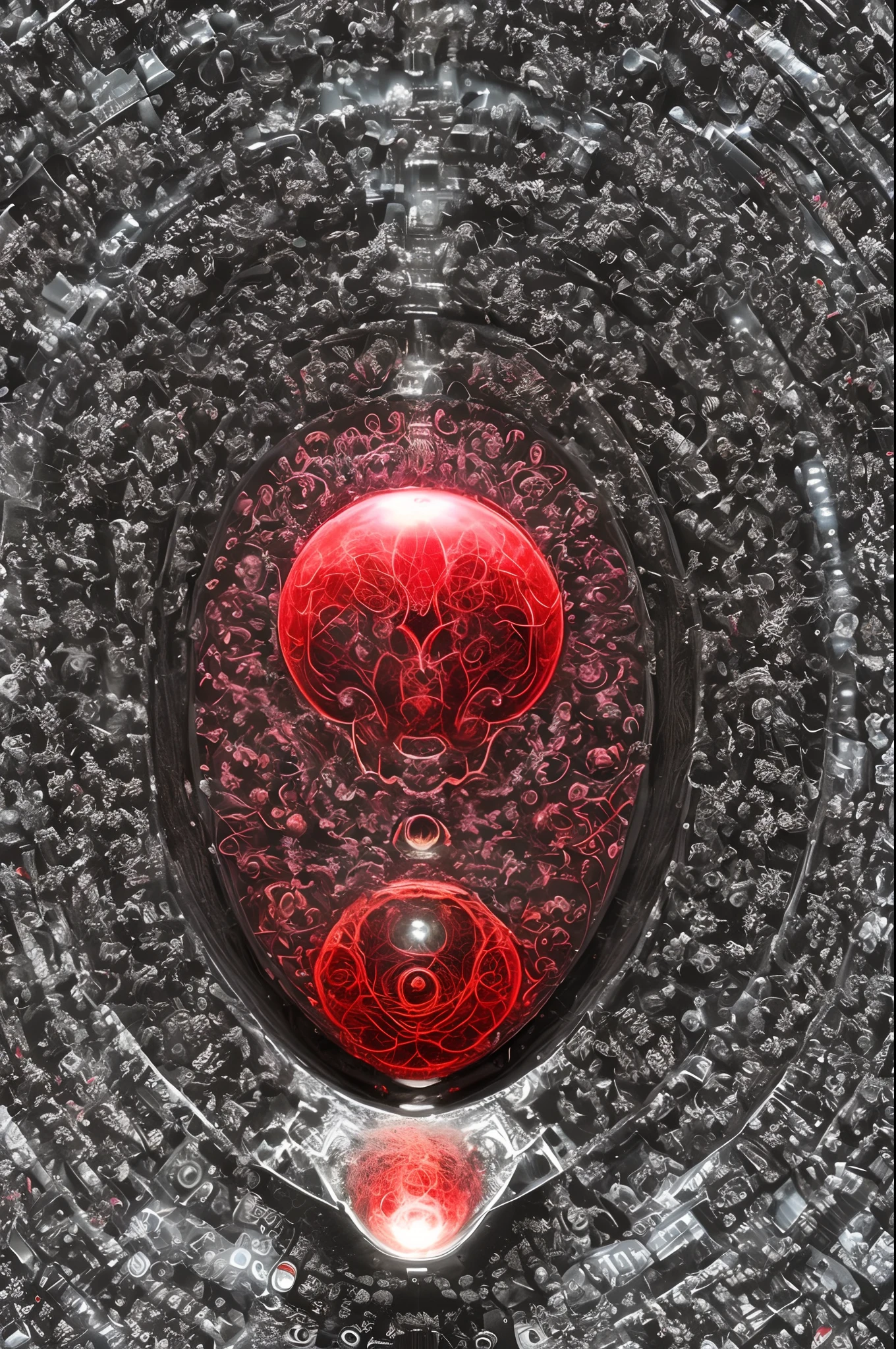 The main color is red，Curled humanoid embryonic creature，The outer black garbled characters circulate along the outline of the embryo。