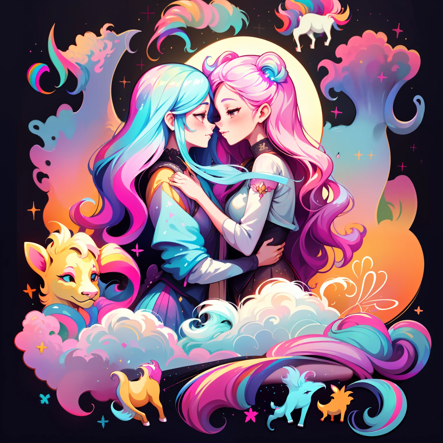 adesivo, fundo simples, portrait, 2 girls, couple, girl with long hair, beautiful unicorn girl, unicorn aesthetic, beautiful girl, very beautiful fantasy art, beautiful and elegant female unicorn, beautiful detailed fantasy, pink and yellow color palate, pink color-theme