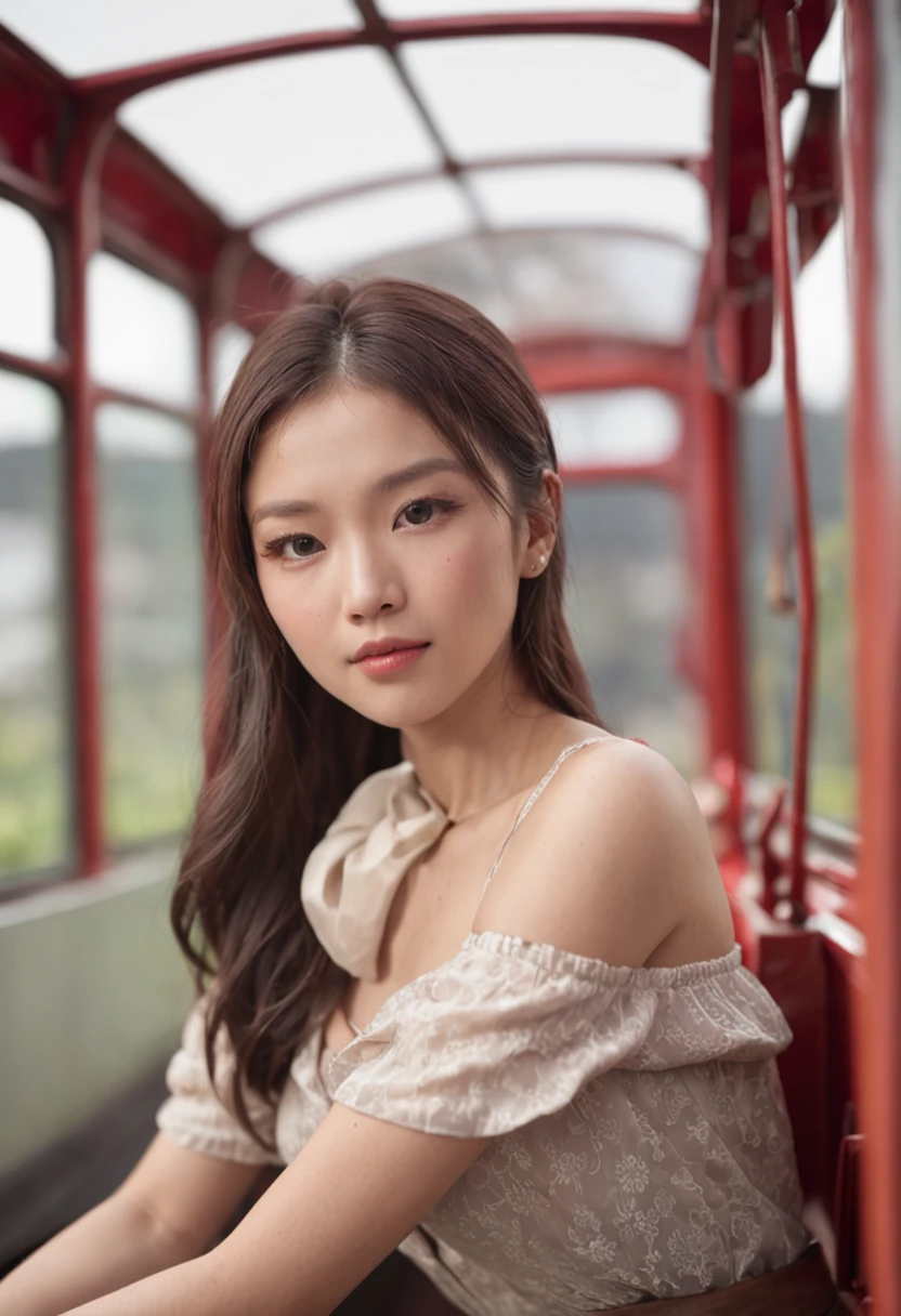 low angle shot、Alafed asian woman in short skirt and bow tie sitting on train、barechested、エロ、Putting