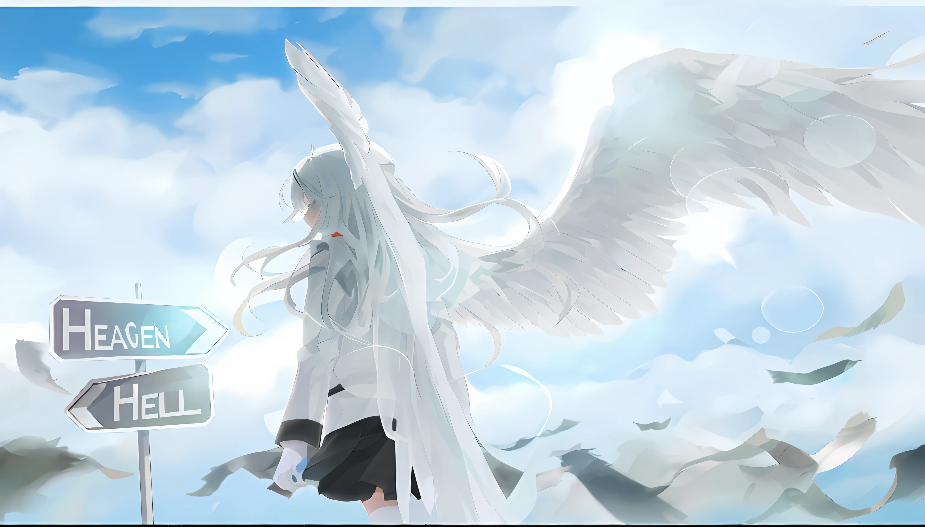 Anime angel with white hair and white wings standing next to a street sign, White wings,, anime beautiful peace scene, ethereal anime, big white glowing wings,  hd anime wallpaper, silver wings, anime wallpaper, Epic angel wings, anime hd wallpaper, daytime ethereal anime, Angelic, of an beautiful angel girl, angel knight girl