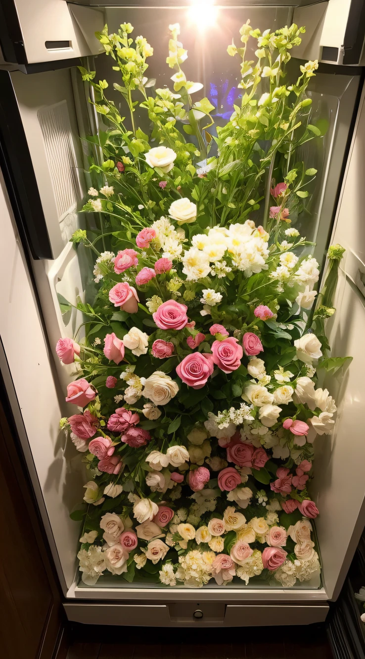 Lots of flowers on display in the fridge, roses in cinematic light, flower shop scene, more and more flowers, nature and floral aesthetics, i dream of a vase flowers, Blooming flowers, Magical flowers, beautiful flowers and crystals, Glowing flowers, Flowers everywhere, Lots of flowers, beautiful flowers, flowers sea everywhere, Beautiful flowers, a few roses