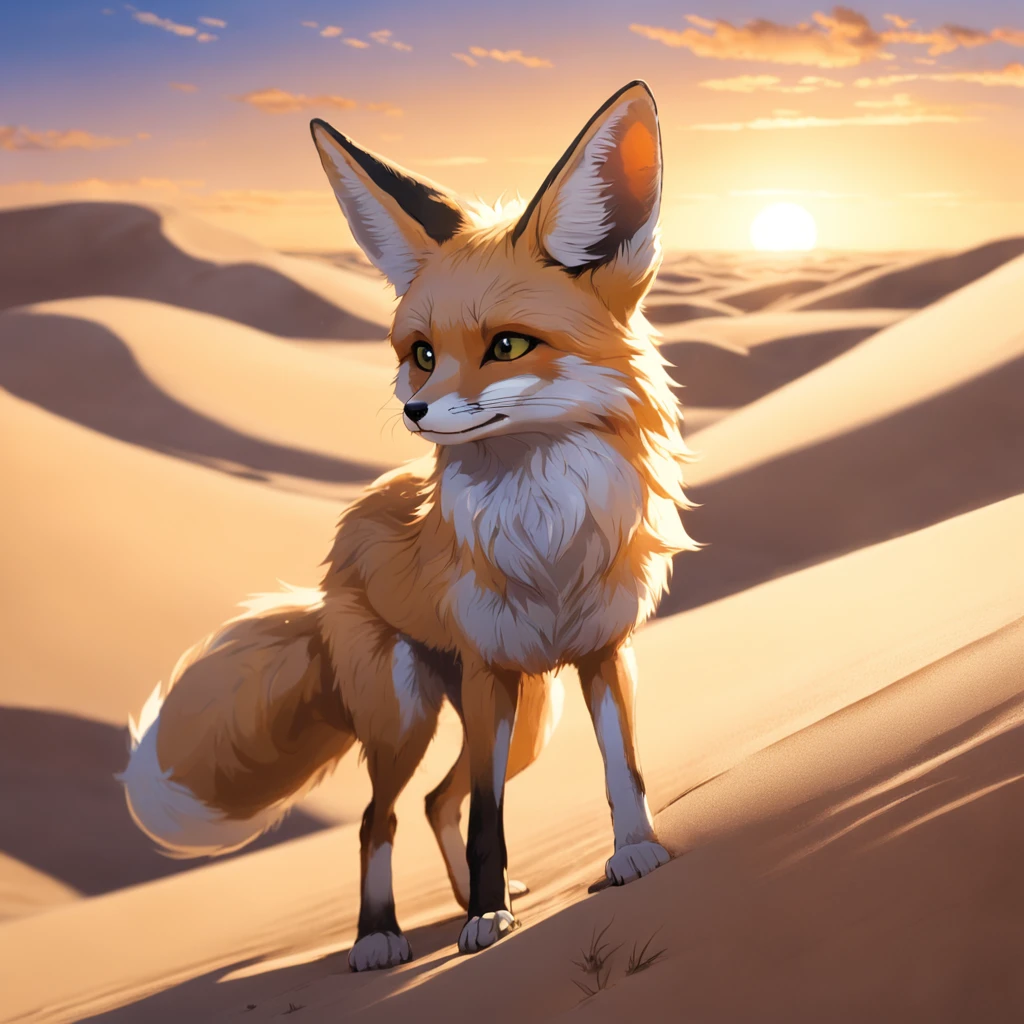 In a vast desert landscape, a majestic fennec fox emerges from the shadows of the setting sun. The fox's fur is a shimmering blend of sand and gold, and its eyes gleam with intelligence and curiosity. The fox pauses for a moment, surveying the world around it with a sense of wonder and awe. The scene is breathtaking, with towering sand dunes stretching out in every direction, and a lone palm tree standing tall and proud in the distance. The air is filled with the scent of sagebrush and the sound of wind whispering through the dunes. The fennec fox takes a step forward, and the world seems to come alive around it. It is a moment of pure magic, where the natural world comes together in harmony and beauty.