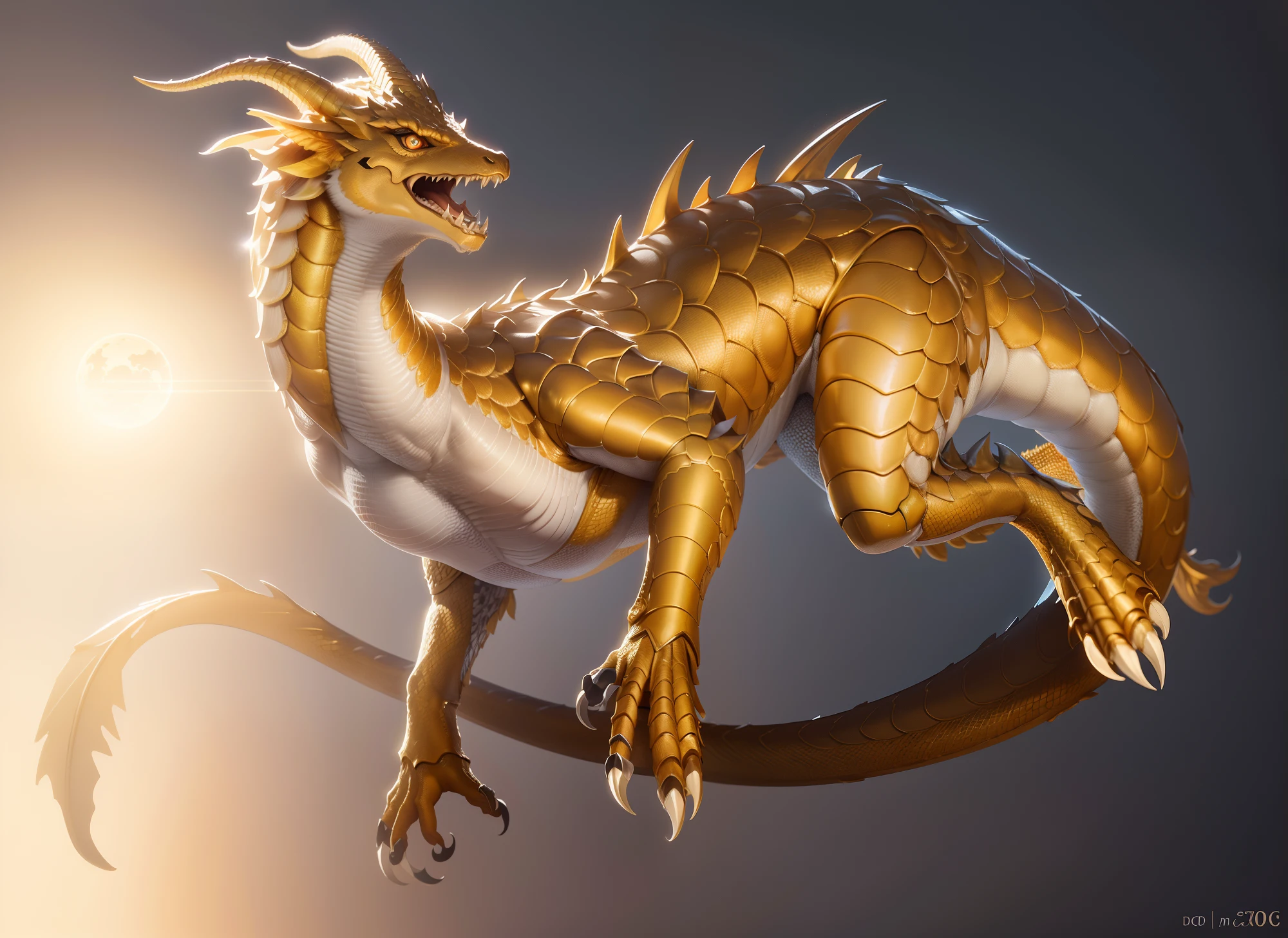 Medium shot of a photorealistic golden dragon,Delicate scales,sharp talons, Smooth white background,sunny clear sky, Minimalist, Digital photography, High contrast, directional and harsh lighting, magical, intense and tense atmosphere, photography with 50mm lens, Shallow depth of field, maximum focus, hdr, Textured, Symmetrical face, surface details, highly intricate detail, High definition, illusory engine, rendering by octane, surreal photo manipulation, Ultra photo realsisim
