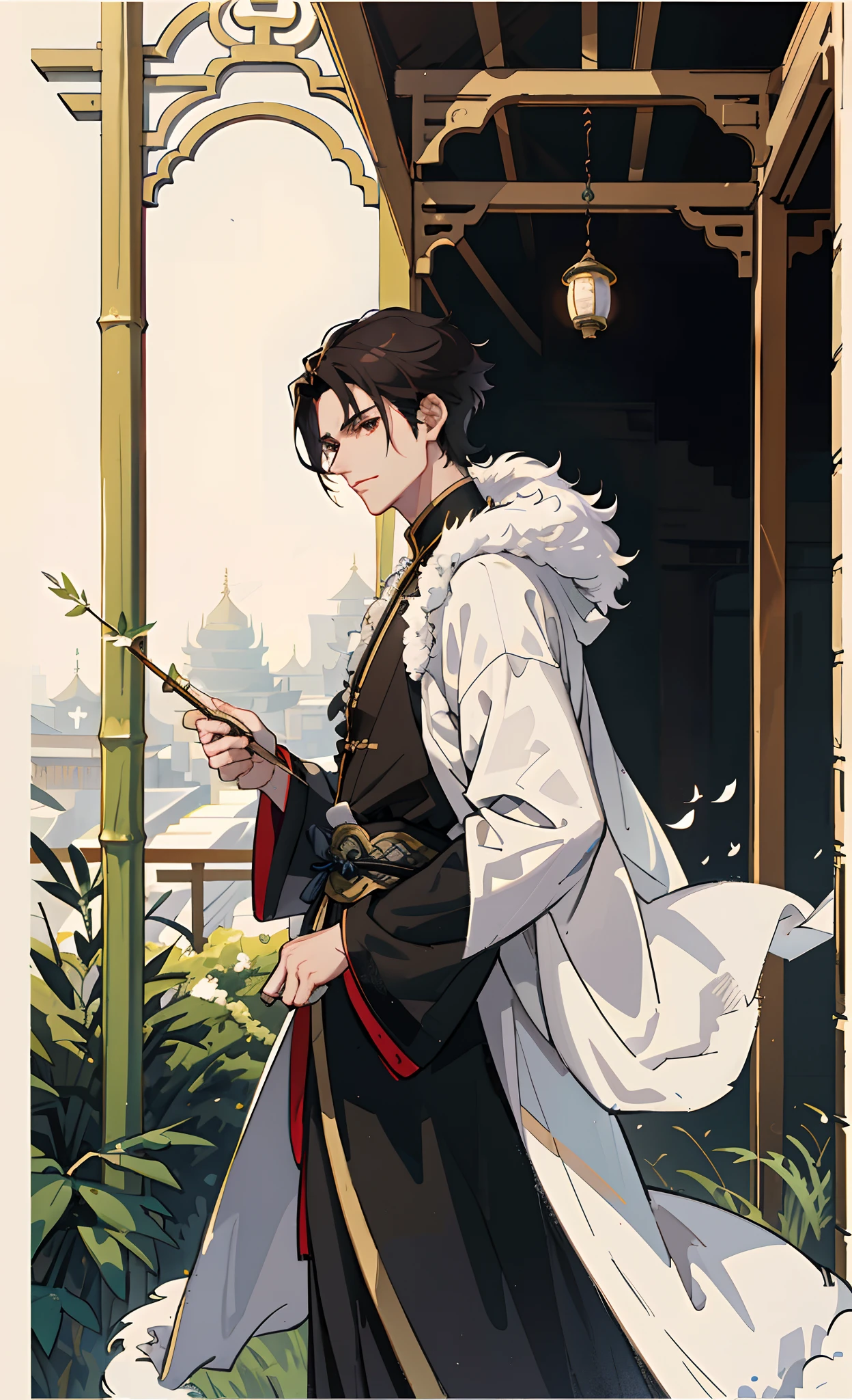 Xu Fengnian，Antique anime male character，Handsome，brunette color hair，White coat，Elegant and warm，Wear black，Ancient wind，Fur sand，Rajah，High picture quality，tmasterpiece，Background with（courtyard，bamboo forrest，Plain，elegant）