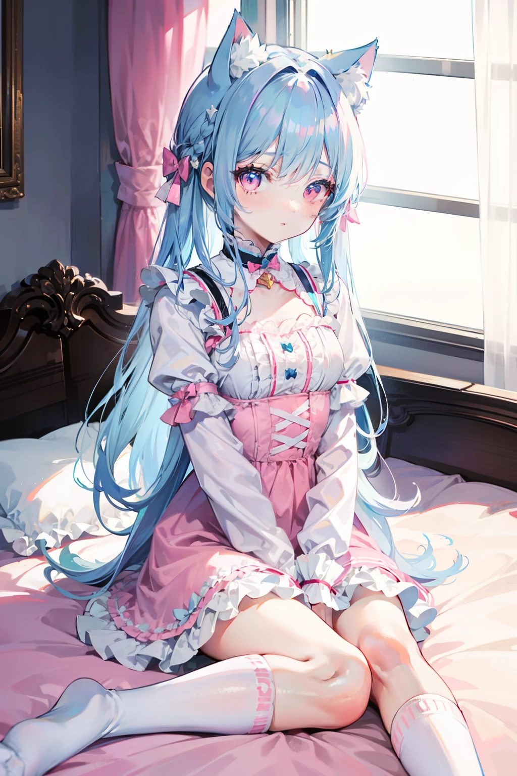 lightblue hair,Cat ears,Pink eyes,Light blue ta,White knee-length socks,pink bows,inside in room,sit on a bed,liveroom