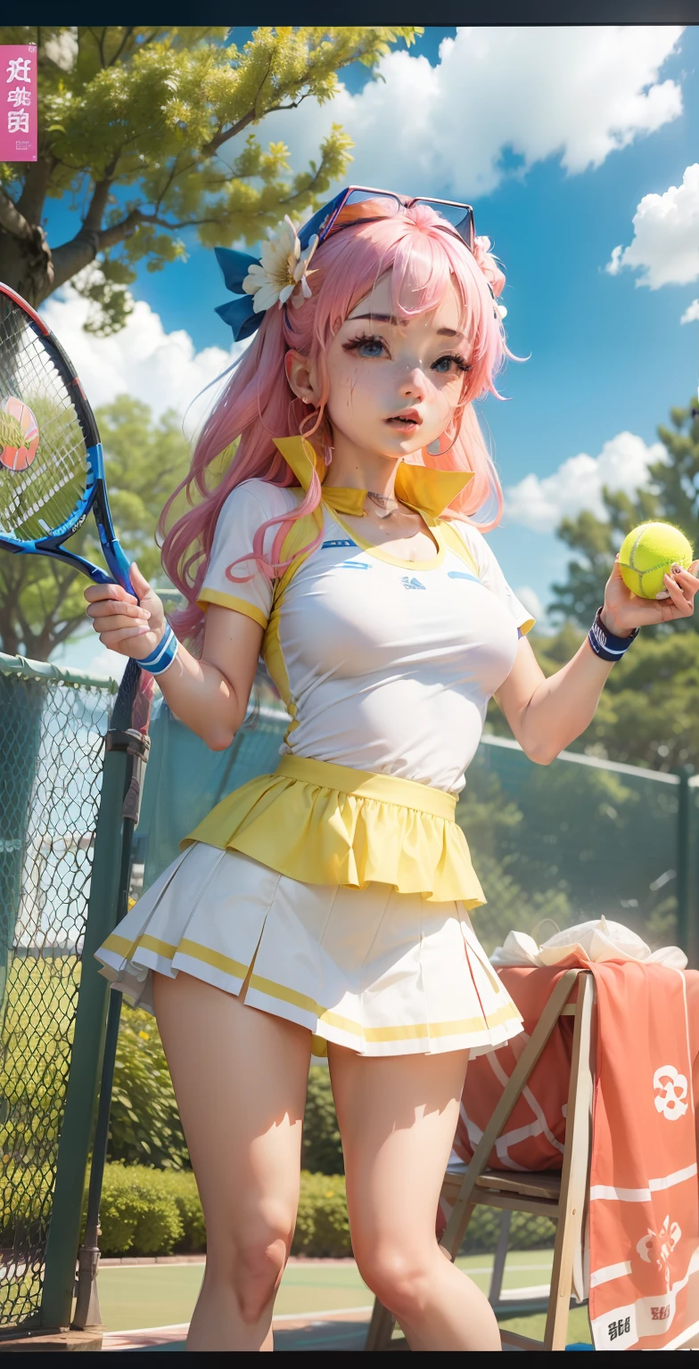 Female Idol in Tennis Wear、Have fun、full body Esbian、1Man Woman((top-quality、8K、masterpiece:1.3))、full body Esbian、focus clear:1.2、Excellent style:1.4、masuter piece、(Realisticity: 1.2)、(Photorealsitic:1.3)、
realisitic、realisticlying、Raw foto、hyperdetailed face(Bright hair、The face of the Japan idol)、hyper detailed background(blue-sky、tennis coat)、Ultra-detailed costumes(Tennis wear wet with sweat、a miniskirt)、hyperdetailed body、super-detaild skin、Holding a racket、I'm sweating