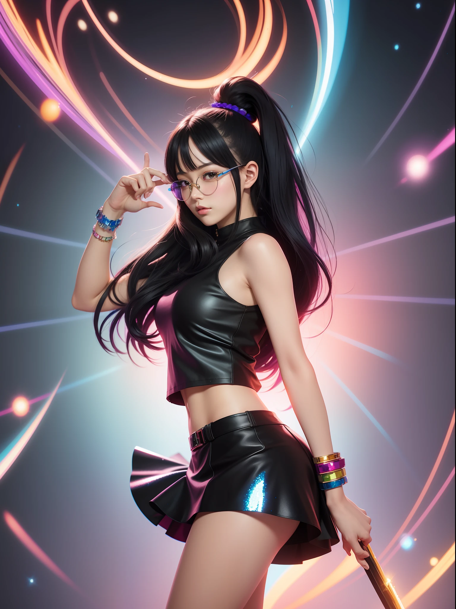 (《One Piece》Nicole Robin)Beautiful woman with colored glasses in a sequined top and black leather skirt,There are a lot of multicolored crystal spot halos,refracted light,Long black hair,Delicate portrayal of facial features, 8K stunning artwork, Beautiful digital artwork, Detailed digital anime art, Guviz-style artwork, style of anime4 K, Digital anime art, 8K high-quality detailed art, Ross Tran 8 K, Anime style. 8K, Ross Tran style