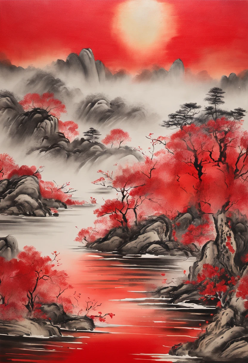 "Traditional Chinese ink landscape painting featuring vibrant red hues. Detailed depiction of rolling hills and lush trees on textured paper. Influenced by ancient Asian and Japanese designs. High-resolution 4k drawing showcasing exquisite artistry and beauty."
