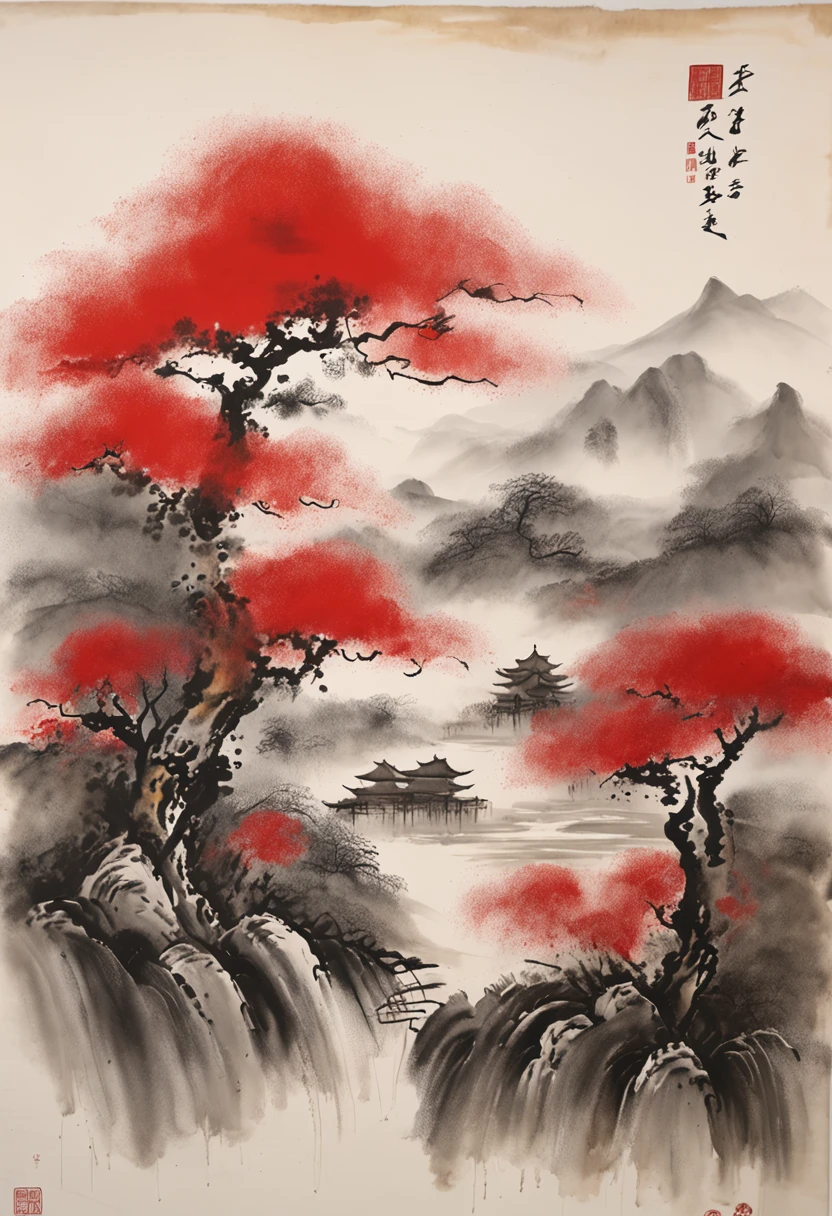 "Traditional Chinese ink landscape painting featuring vibrant red hues. Detailed depiction of rolling hills and lush trees on textured paper. Influenced by ancient Asian and Japanese designs. High-resolution 4k drawing showcasing exquisite artistry and beauty."