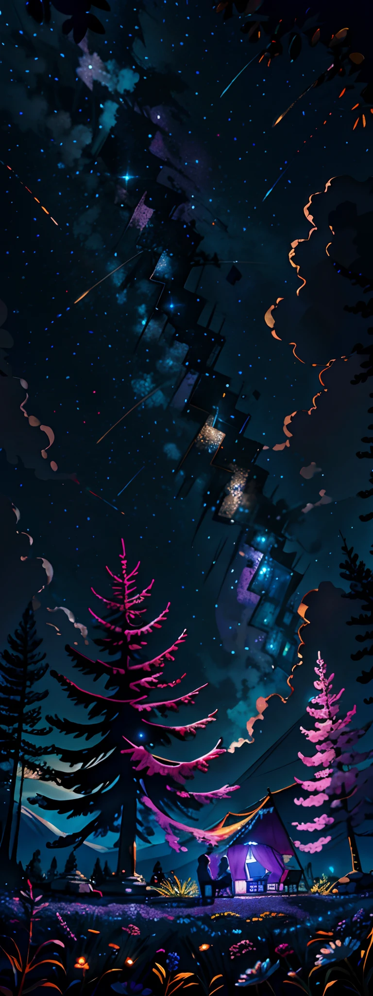 Expansive landscape photograph，（View from below with a view of the sky and the wilderness below），A couple looks up in a flower field，starrysky，Triangle tent（moon full：1.2），（meteors：0.9），（Starcloud：1.3），Far Mountain，Tree BREAK Production Art，（Warm light source：1.2），（glowworm：1.2），lamp lights，Purple and orange，rich details​，Volumetric lighting BREAK（tmasterpiece：1.2）， （HighestQuali），4K，Ultra-delicate，（Dynamic configuration：1.4），Highly detailed and colorful details（Irridescent color：1.2），（Glittering starry sky，Atmospheric lighting），dream magical，magical，（独奏：1.2）