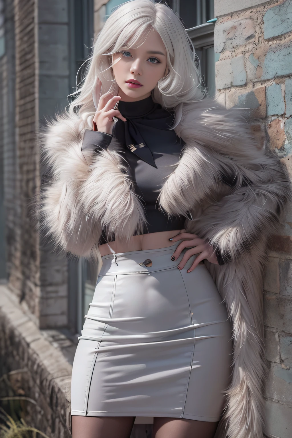 Award-Awarded, Super detail, Anatomically correct, hyper HD, retinas, Masterpiece, Textured skin, ccurate, High details, Best quality, A high resolution, High quality, 8K,Photorealistic, high resolution, 1 Women, Solo, Hips up, Beautiful eyes, White hair, ringed eyes, Collared shirt,black necktie,Black skirt, pencil skirts, Fur coat, black lence stockings