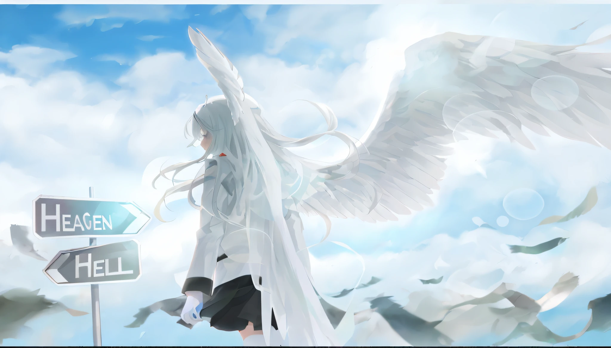 Anime angel with white hair and white wings standing next to a street sign, White wings,, anime beautiful peace scene, ethereal anime, big white glowing wings, hd anime wallpaper, silver wings, anime wallpaper, Epic angel wings, anime hd wallpaper, daytime ethereal anime, Angelic, of an beautiful angel girl, angel knight girl