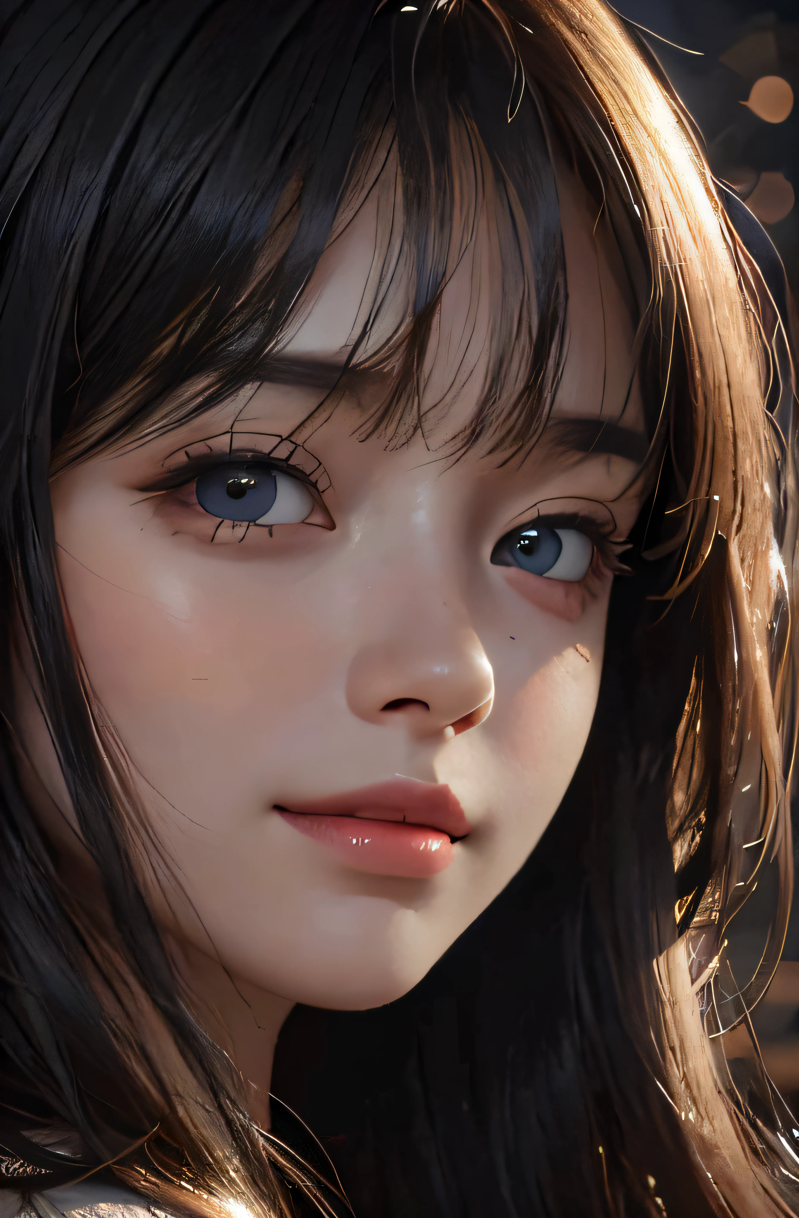 (Ultra Realistic), (Illustration), (Increased Resolution), (8K), (Extremely Detailed), (Best Illustration), (Beautiful and Detailed Eyes), (Best Quality), (Ultra Detailed), (Masterpiece ), ( wallpaper), (detailed face), solo, 1 girl, looking at viewer, fine details, detailed face, in the dark, deep shadows, low key, pureerosfaceace_v1, smiling, long hair, black shawl straight hair , 46 points oblique bangs