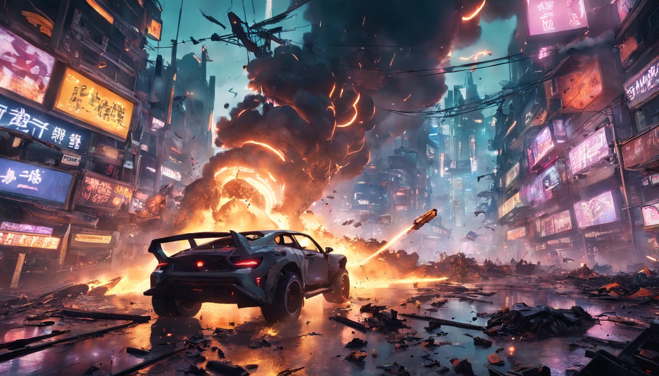 An invasion that fell from the sky, Floating snake mech, populous,  ((Dutch camera bug eye view)), wide angles, chaos, Flying particles, Cyberpunk neon environment,Destruction smoke and explosions, Dystopian futurist, Rough and garbage, Photorealistic, (Best quality,Masterpiece), 超高分辨率, 4K, Highly detailed, Epic composition, Game splash screen