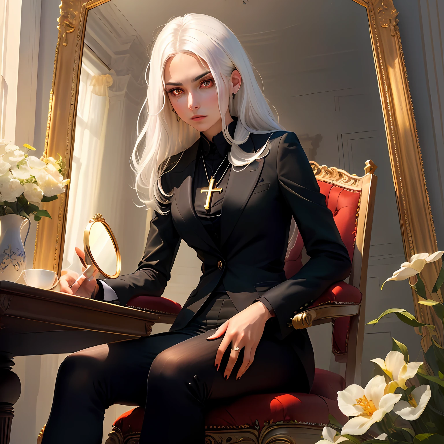 A white hair,Red-eyed woman wearing a black suit,With an inverse cross necklace,Holding Erlang's legs,sit on chair,Holding a broken mirror fragment in his hand