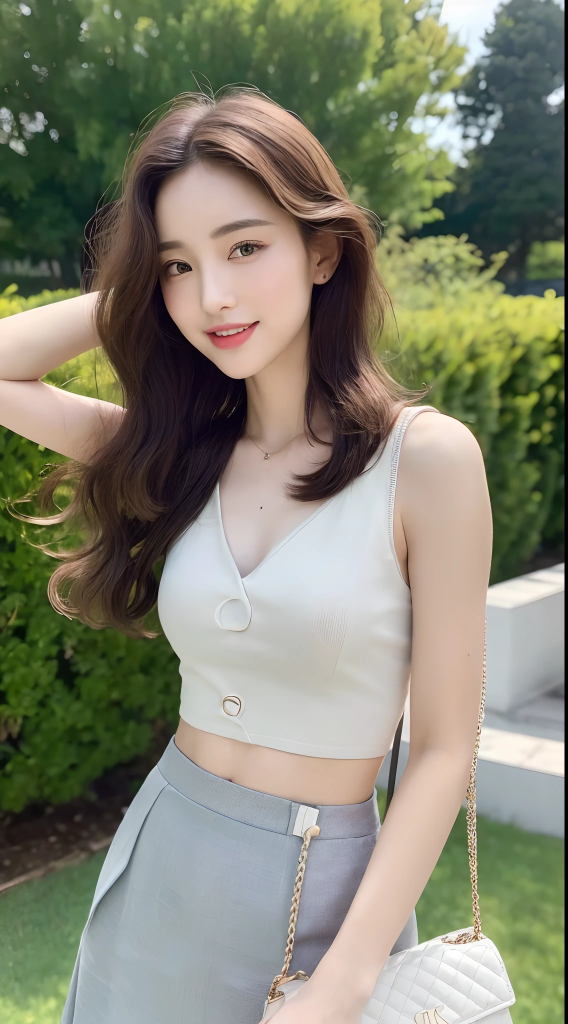 ((Best picture quality, 8K, tmasterpiece:1.3)), 1girll, Beautiful woman with slender abs:1.3, (Hairstyle waves,There is no leakage in the neutral chest),long skirt:1.1, Ultra-fine face,mesmerizing eyes, 二重まぶた,attractive smile,Park lawn,Hand bag,