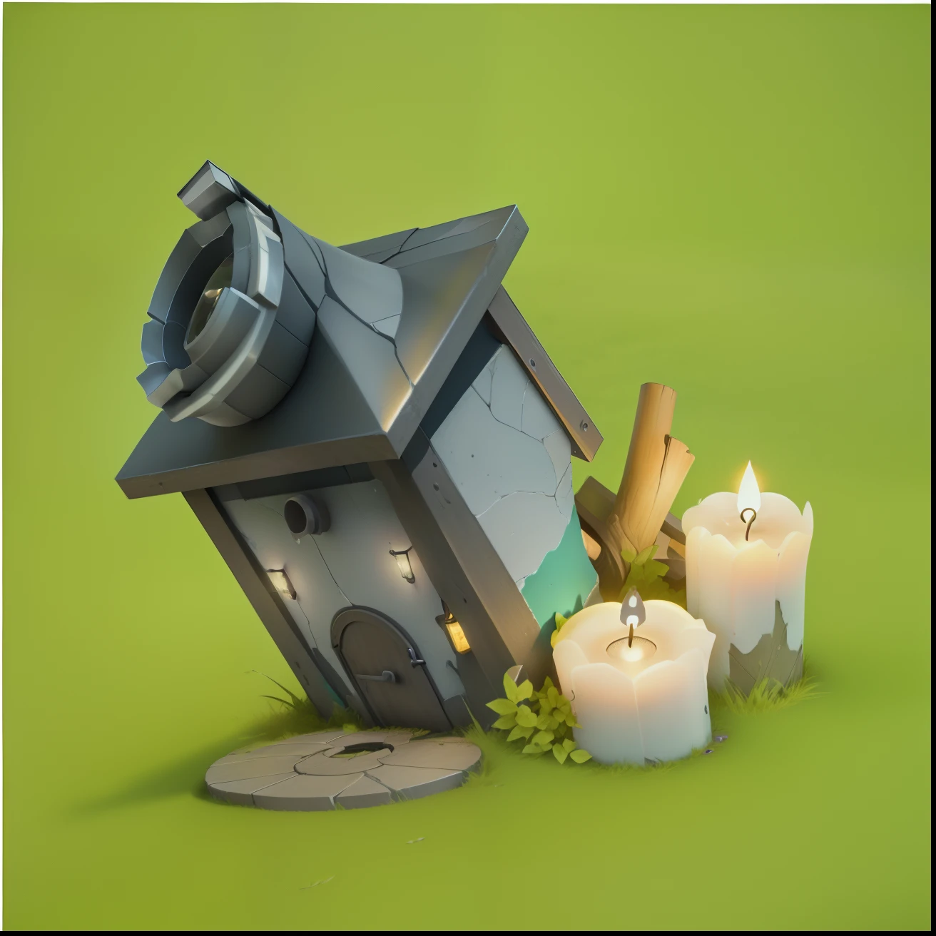 Next to the abandoned glazed street lamp is a worm nest made of three candles,The surrounding area is tree-lined, Ultra high quality,hyper HD,Ultra-realistic textures,high-angle, From real 3D game art,8K - Availability of available variables(stark),