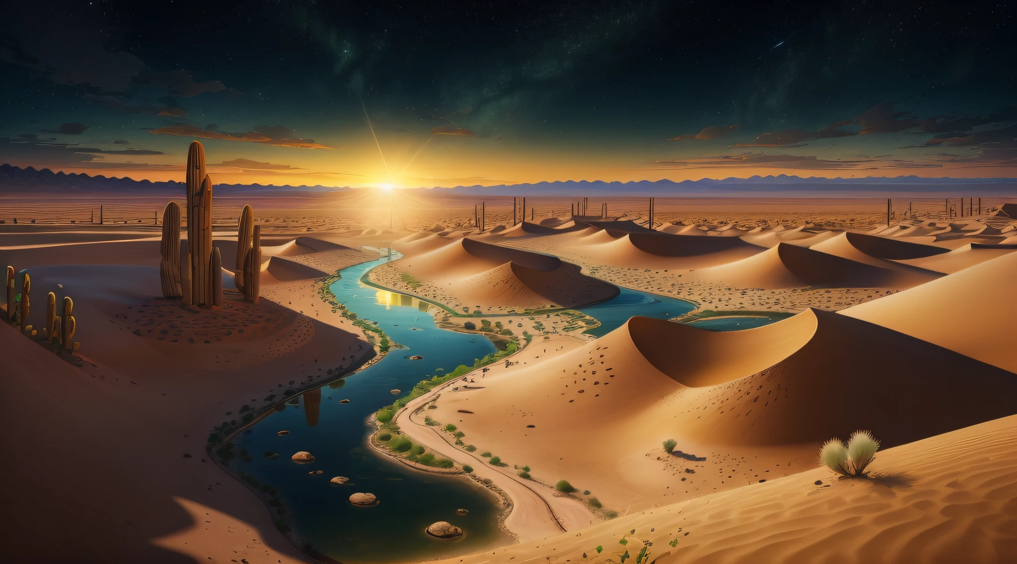 On the northern edge of the desert,Oasis with yellow sand,The grass is verdant,You can see a small river with crystal clear eyes,Meander west along the desert,On both sides of the creek,Willow trees can be seen everywhere、Poplars are tall and green,Intricate roots,It's beautiful。It is possible to watch the sunrise in the desert,