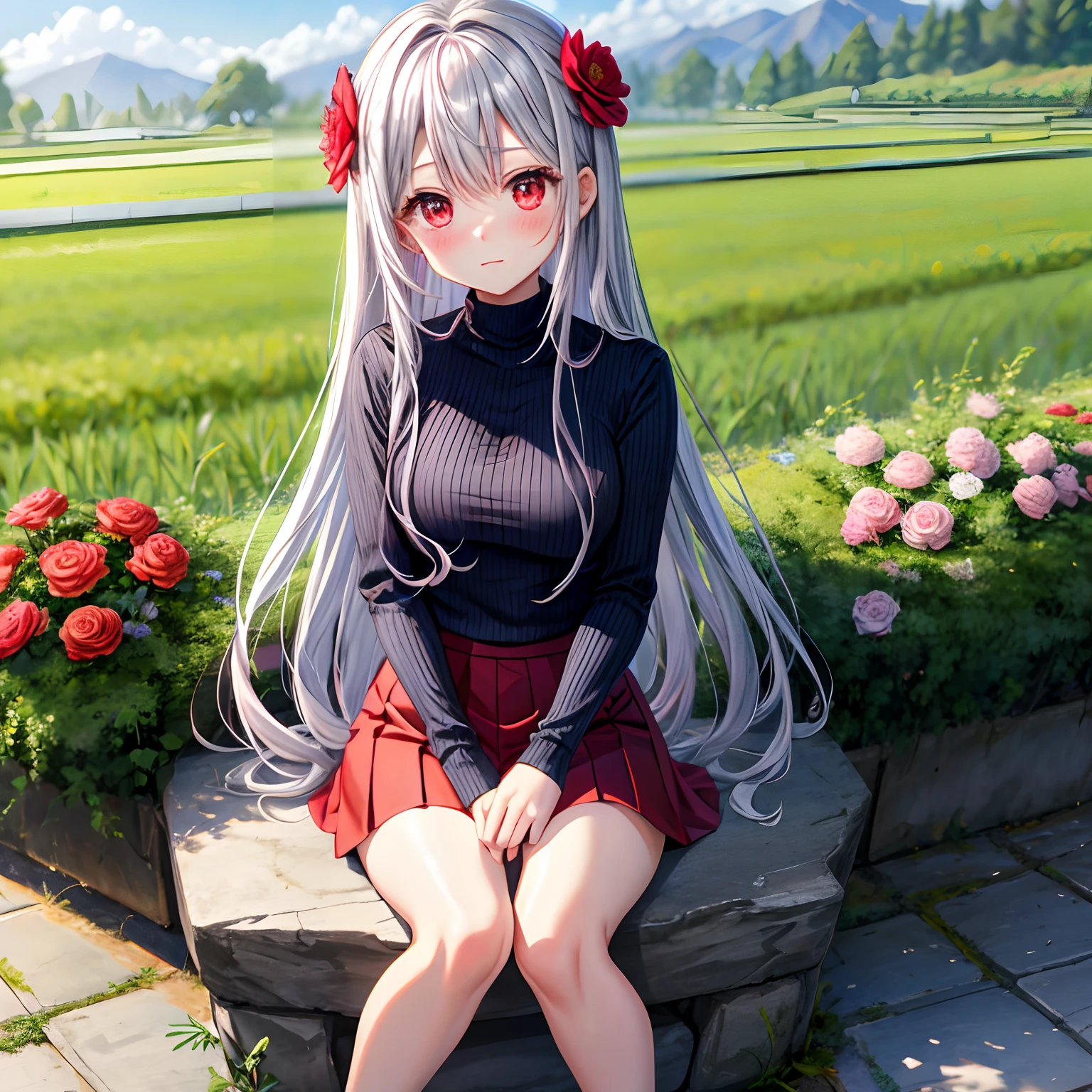 red blush、Wavy silver hair、red eyes、Beautiful girl alone、animesque、独奏、blue turtleneck、a miniskirt、flower  field、lonely、sitting on