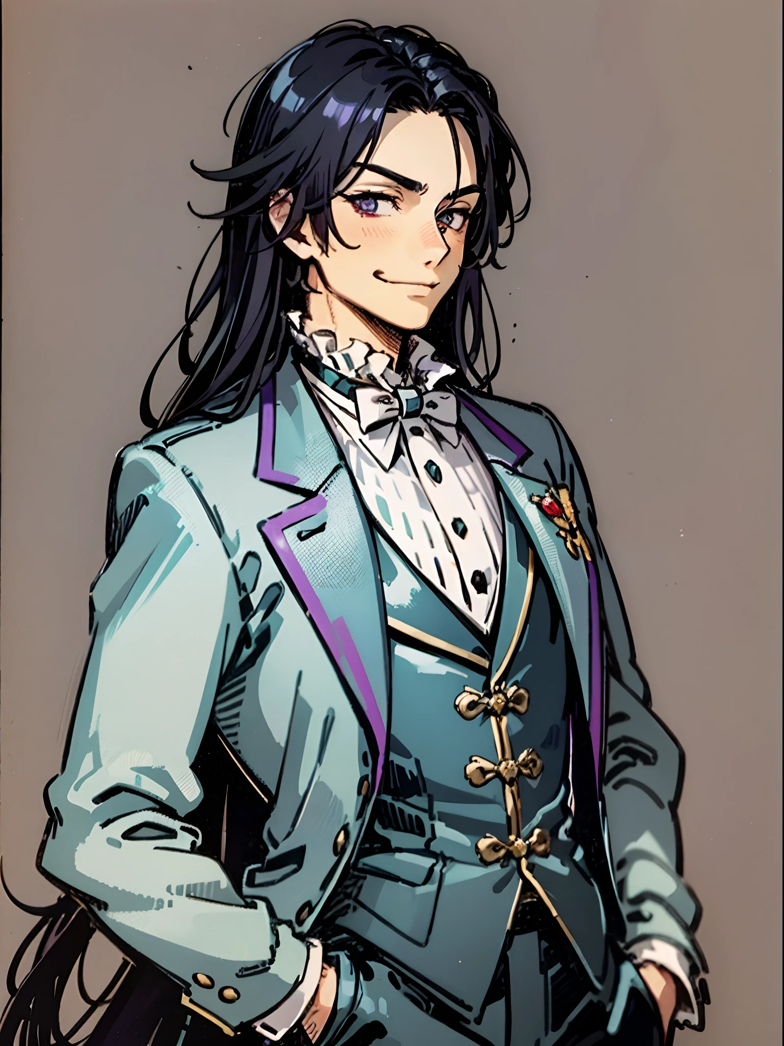 tmasterpiece, beste-Qualit, 1boy, aristocrat, portraite of a, upper-body, tailcoat, hairlong, black  hair, smirk, stands, violet eyes, Correct anatomy,