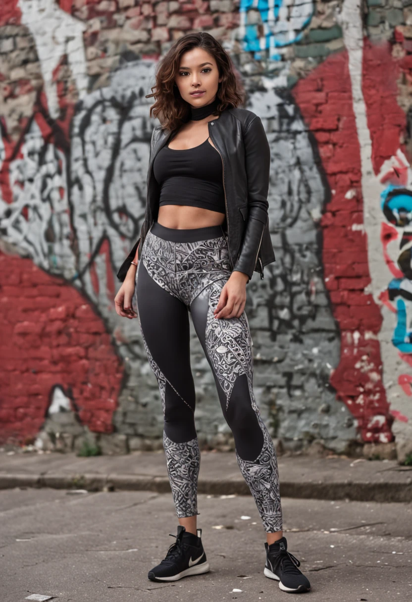 A confident model in textured leggings, poised on a graffiti-covered urban street, medium: photo hyper-realism, style: edgy street fashion meets contemporary art, lighting: dramatic contrast with a mix of artificial and natural light, colors: bold and gritty with a focus on the textures of the leggings and street art, composition: Nikon D850, AF-S NIKKOR 50mm f/1.8G lens, Resolution 45.7 megapixels, ISO sensitivity: 200, Shutter speed 1/125 second, close-up shot with a focus on the leggings, street art as a backdrop --ar 16:9 --v 5.1 --style raw --q 2 --s 750