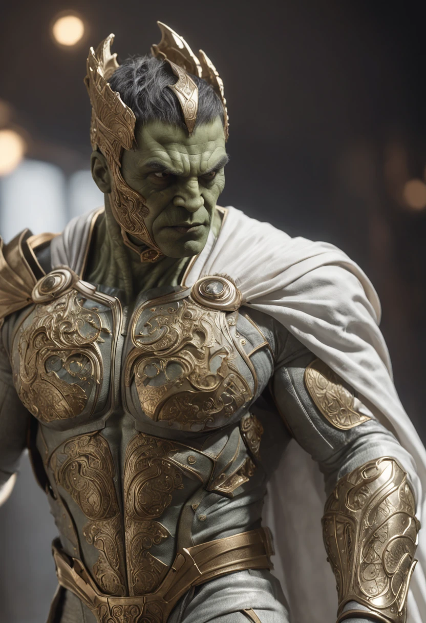 full body shot of hulk in white and gold armour style suit, no mask on, white cape, looking at center camera, perfect composition, beautiful detailed intricate insanely detailed octane render trending on artstation, 8 k artistic photography, photorealistic concept art, soft natural volumetric cinematic perfect light, chiaroscuro, award - winning photograph, masterpiece, oil on canvas, raphael, caravaggio, greg rutkowski, beeple, beksinski, giger, trending on artstation, sharp focus, studio photo, intricate details, highly detailed, night city background, by greg rutkowski