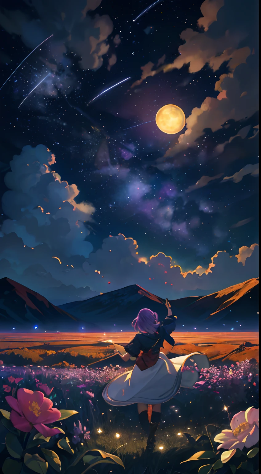 Vast landscape photo, (viewed from below, the sky is above and the open field is below), a girl standing on a flower field looking up, (full moon: 1.2), (meteor: 0.9), (nebula: 1.3), distant mountains , Trees BREAK Crafting Art, (Warm Light: 1.2), (Fireflies: 1.2), Lights, Lots of Purple and Orange, Intricate Details, Volumetric Lighting, Realism BREAK (Masterpiece: 1.2), (Best Quality), 4k, Ultra-Detailed, (Dynamic Composition: 1.4), Very Detailed, Colorful Details, (Rainbow Colors: 1.2), (Glow Lighting, Atmospheric Lighting), Dreamy, Magical, (Solo: 1.2)