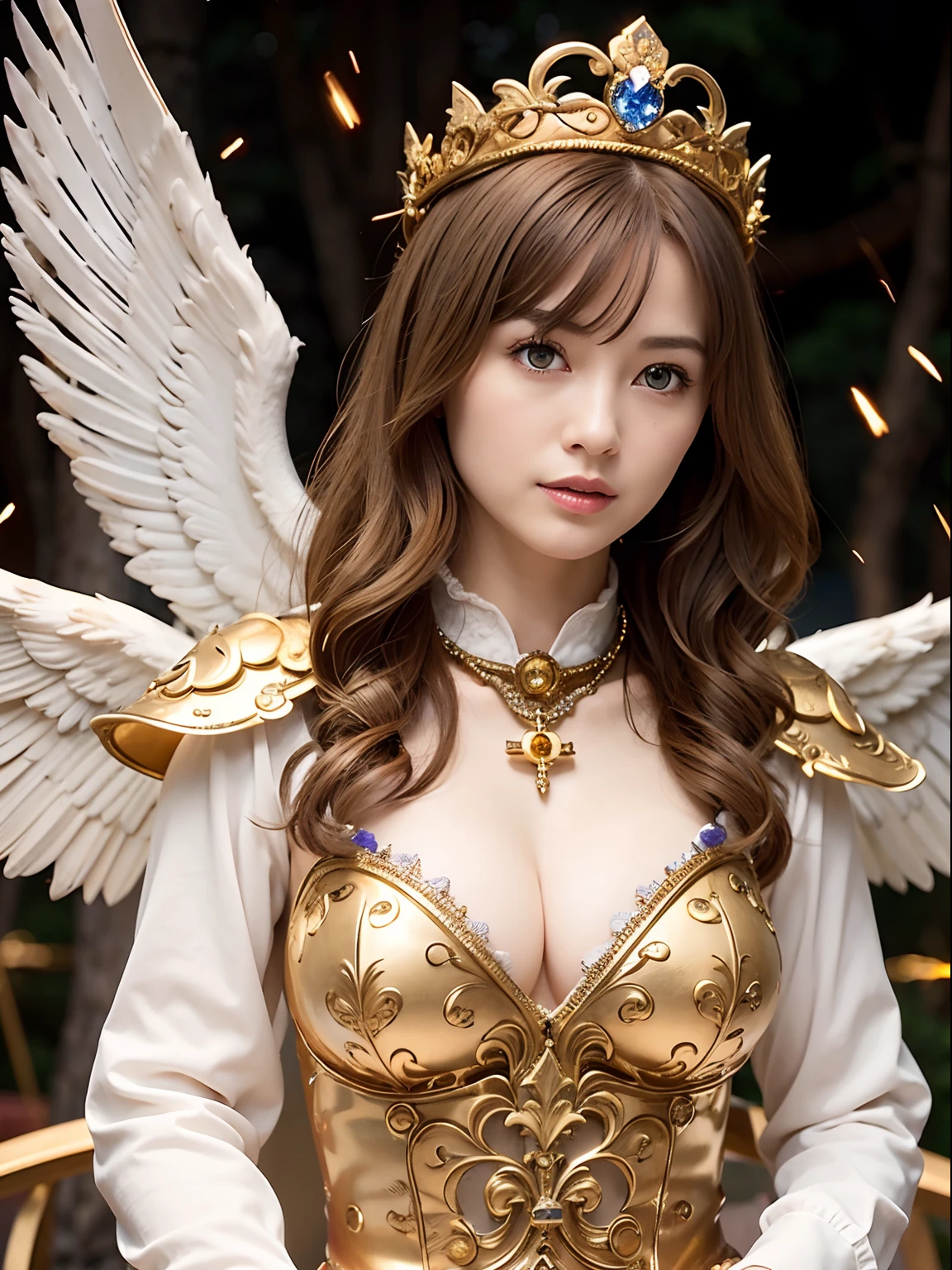 (masutepiece), Professional , masterpiece、top-quality、photos realistic , depth of fields 、(Wind element),tornado,Lightning,(Gemstone Silver Metal Body:1.9),(Matte White、(Gangle's forest background),(Brown hair long straight)、Luminescent particles,light scattering,Tindall Effect、((Jewel Gold Weapon))、(Castle background),Gorgeous metal weapons,(Detailed and realistic angel white wings) , Detailed Sword of the Brave , Beautiful knife 、delicated face、20 years girl ,warhammer 40k , adepta sororitas,Detail and ornate jewel crown、a blond、()、Beautiful Caucasian beauty、1a person、dynamic ungle,(((Detailed and ornate diamond crown)))、Smaller head、A smile、Powerful poses、Beautiful thin fingers of a woman、cleavage of the breast、Particles of light、